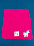 Bright pink embellished washcloth with unicorn, reinforced hem
