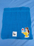 Bright aqua blue embellished washcloth with princess design, reinforced hem