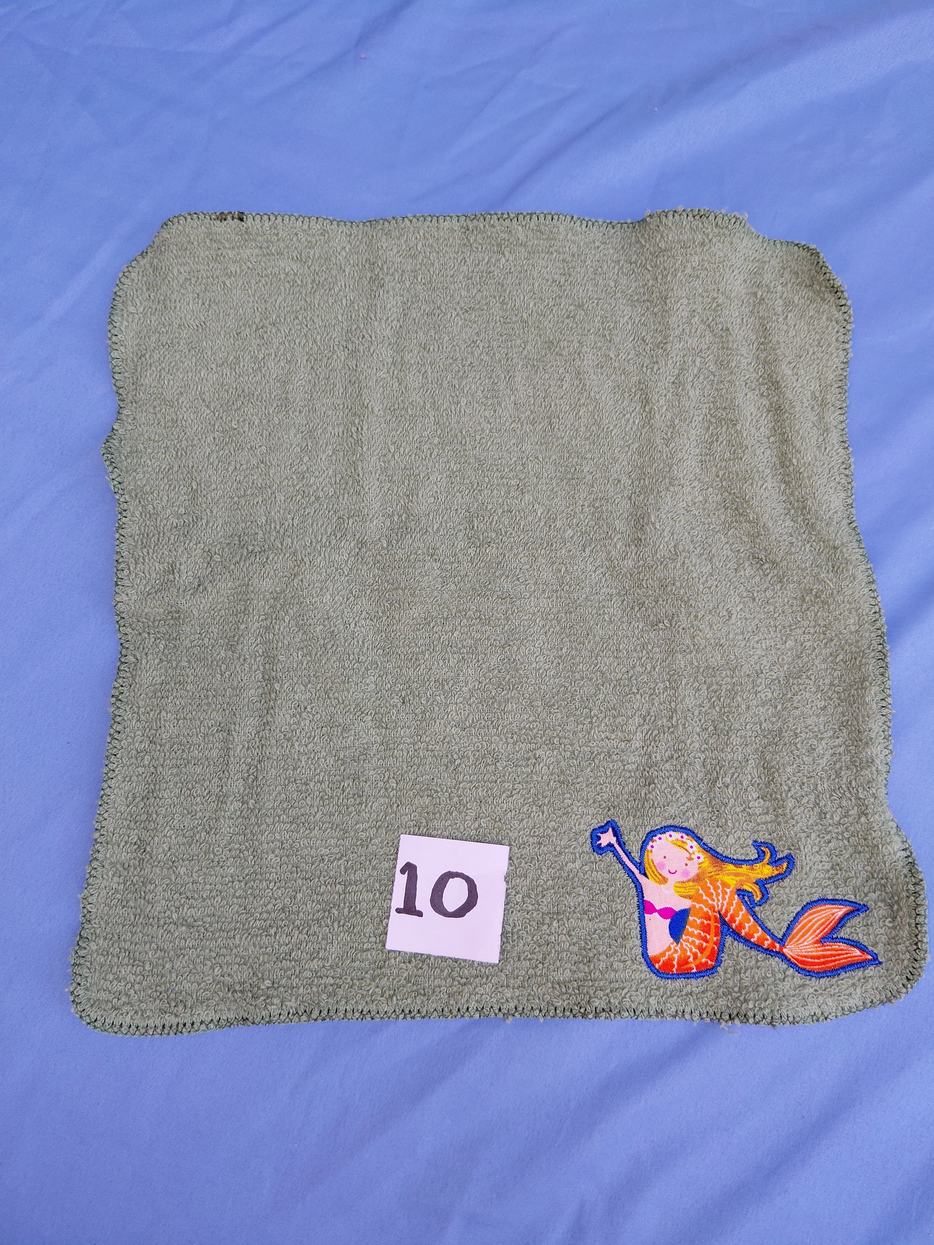 Sage green embellished washcloth with mermaid, reinforced hem