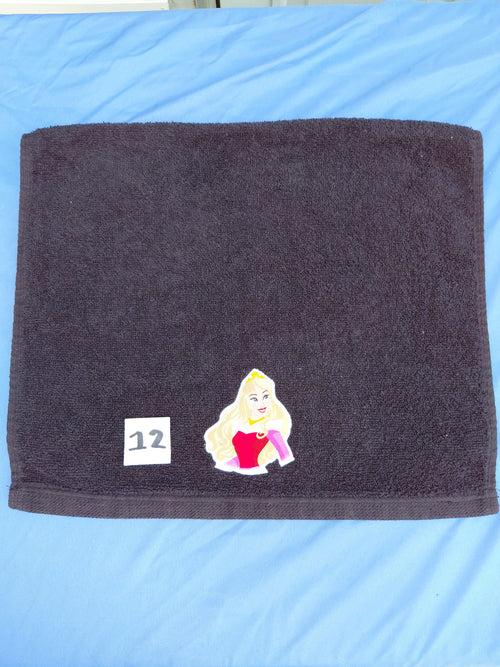 Black embellished hand towel with princess design, reinforced hem