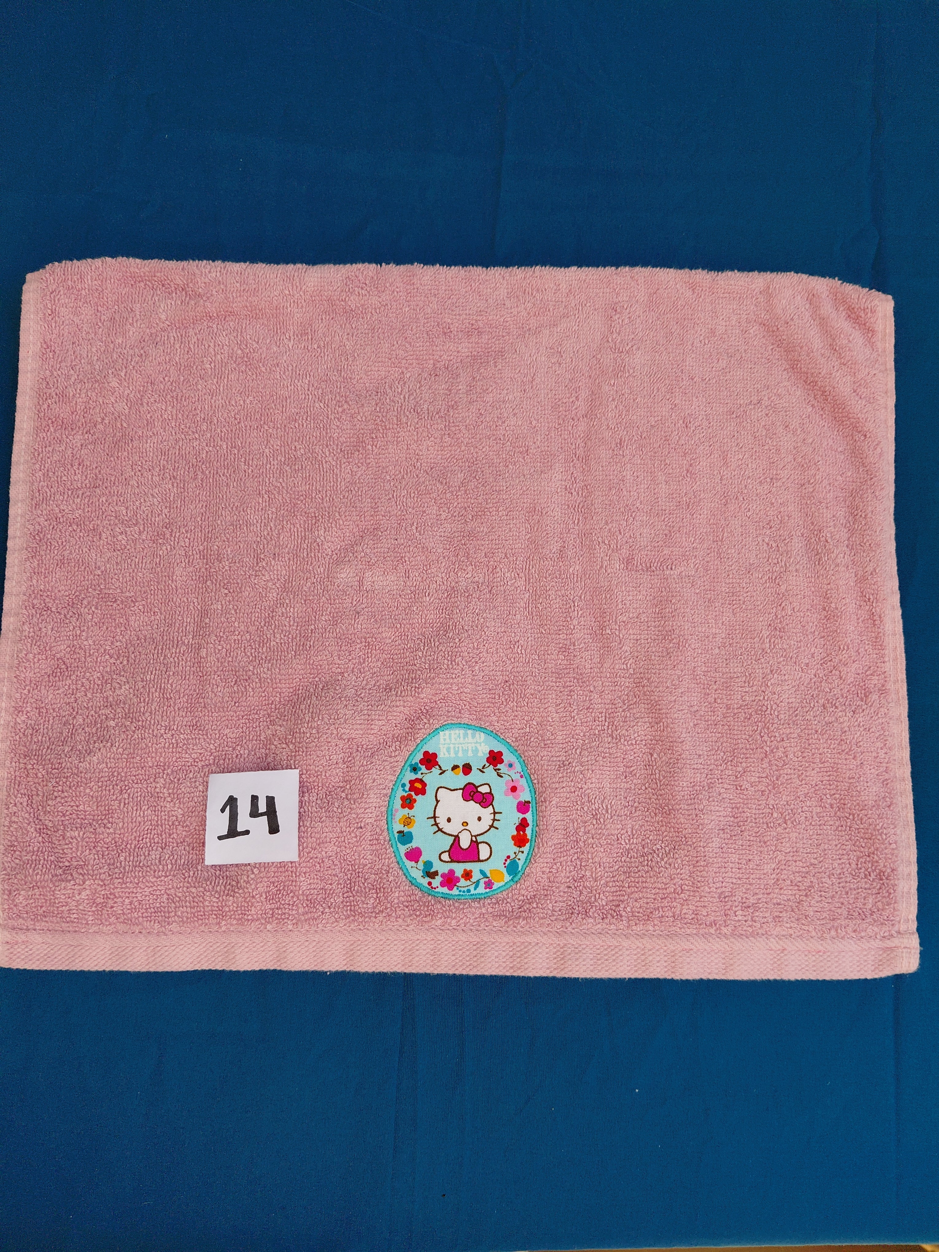 Rose pink embellished hand towel with kitty, reinforced hem