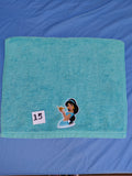 Minty aqua blue embellished hand towel with princess design, reinforced hem