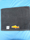 Black embellished hand towel with trout, reinforced hem