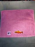 Rose pink embellished hand towel with trout, reinforced hem