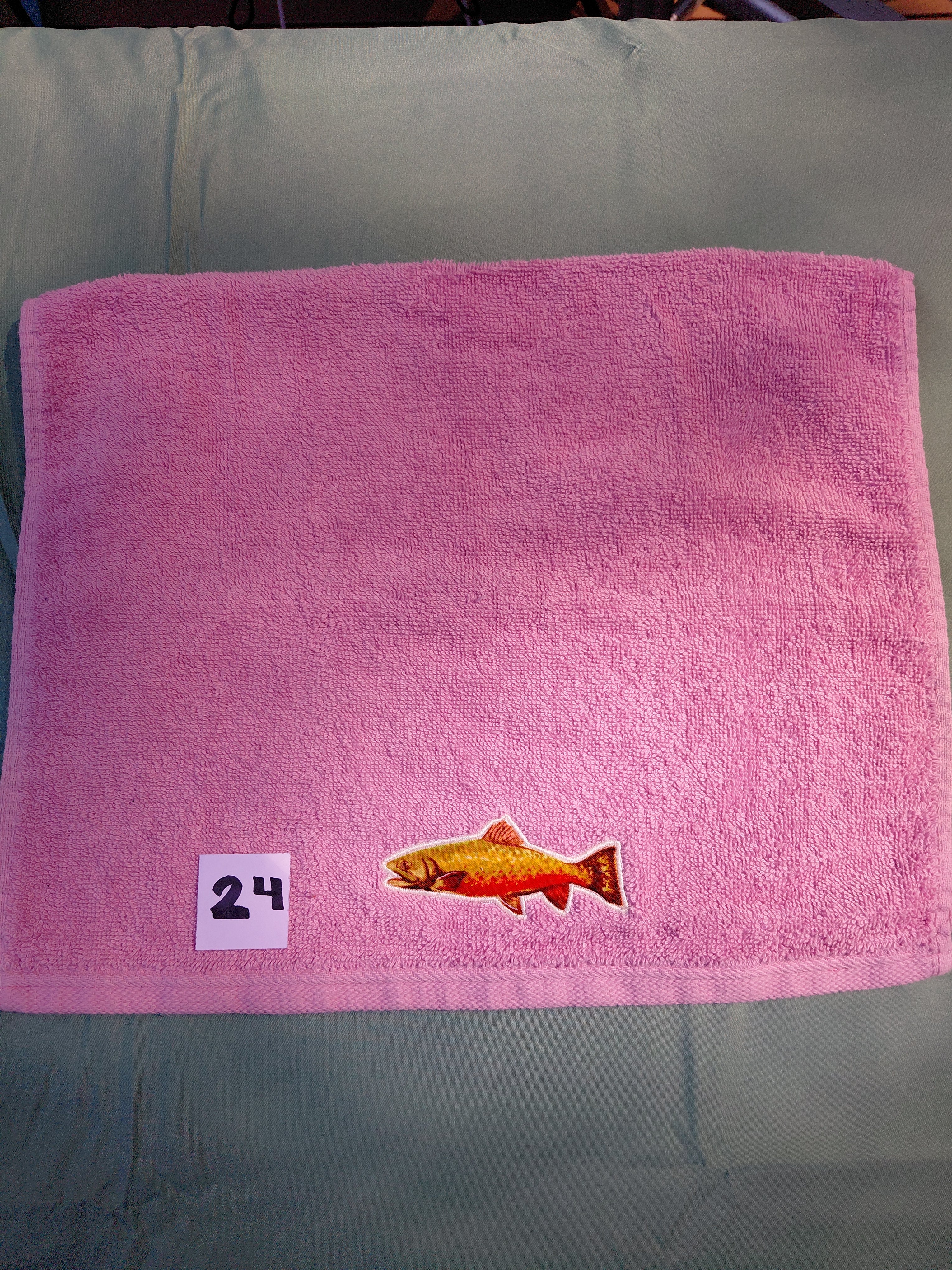 Rose pink embellished hand towel with trout, reinforced hem