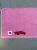 Rose pink embellished hand towel with fire engine, reinforced hem
