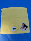 Lemon yellow handcrafted embellished washcloth with princess appliqué, reinforced hem