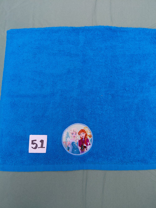 Aqua handcrafted embellished hand towel with two princesses appliqué, reinforced hem