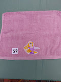 Rose pink handcrafted embellished hand towel with princess appliqué, reinforced hem