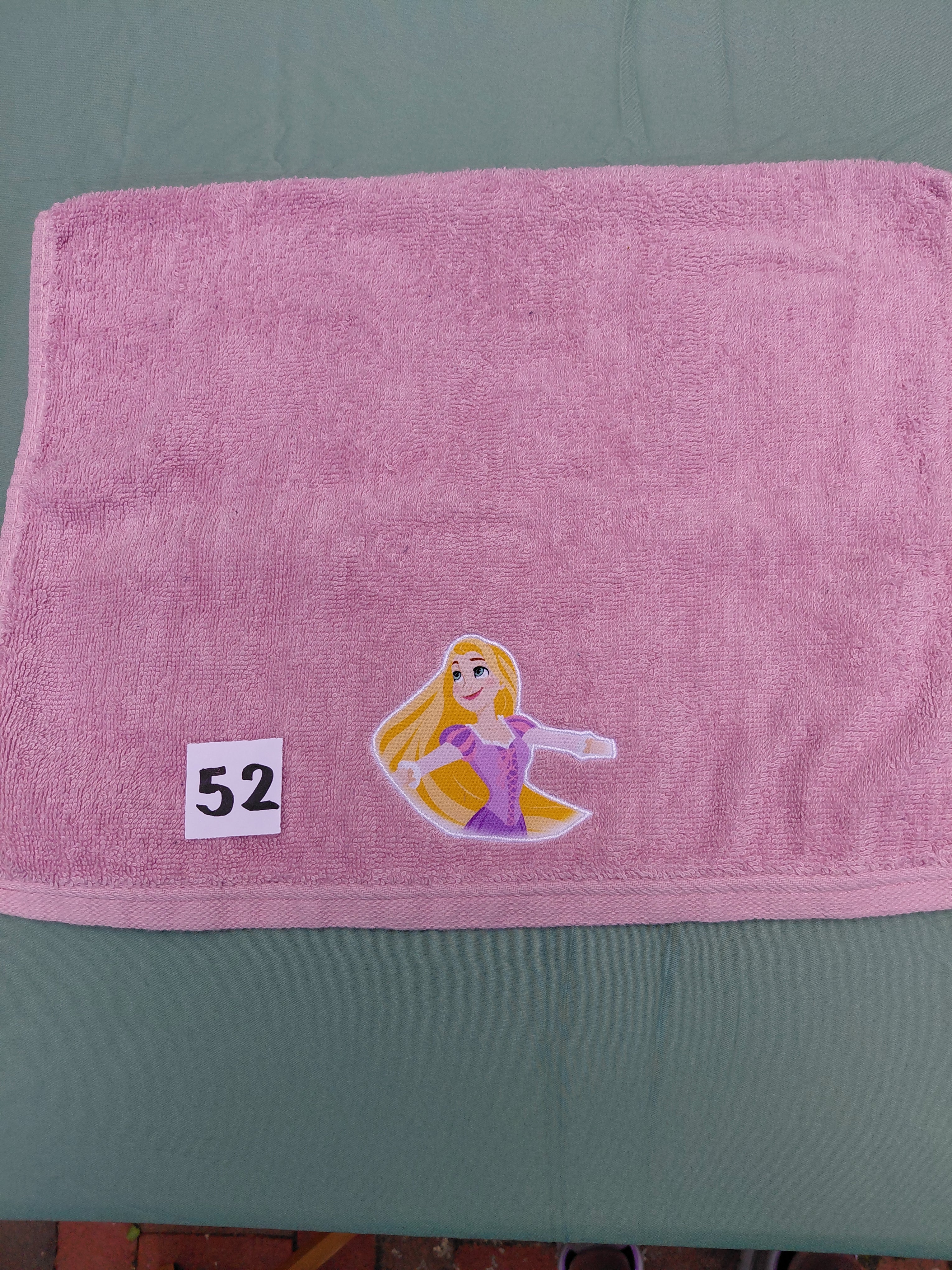 Rose pink handcrafted embellished hand towel with princess appliqué, reinforced hem