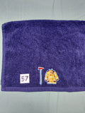 Dark blue handcrafted embellished hand towel with firefighter appliqué, reinforced hem