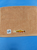 Burnt orange handcrafted embellished hand towel with trout appliqué, reinforced hem