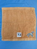 Burnt orange handcrafted embellished washcloth with dalmatian appliqué, reinforced hem

