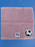 Rose pink handcrafted embellished washcloth with soccer ball appliqué, reinforced hem