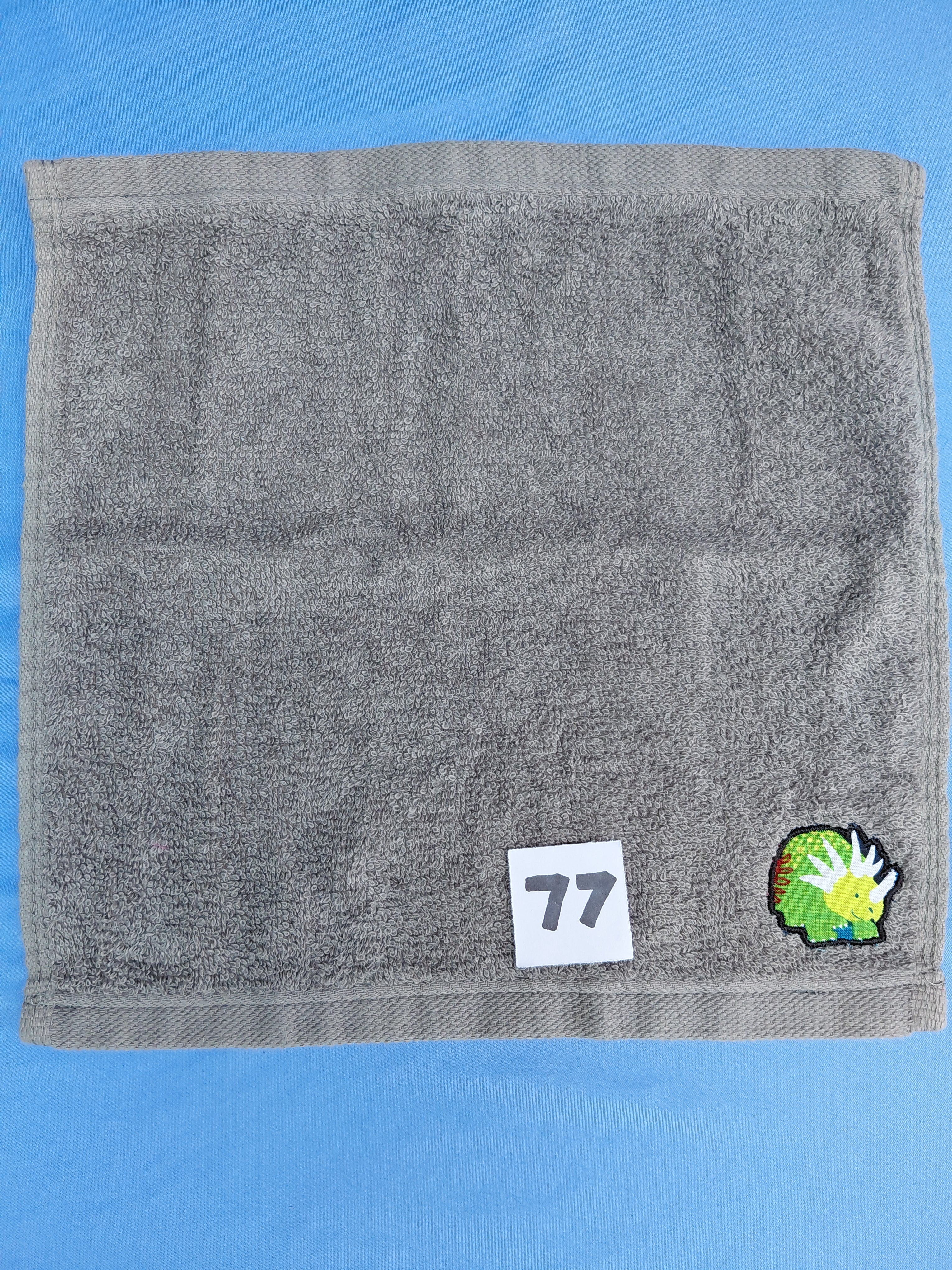 Stormy sky gray handcrafted embellished washcloth with dinosaur appliqué, reinforced hem