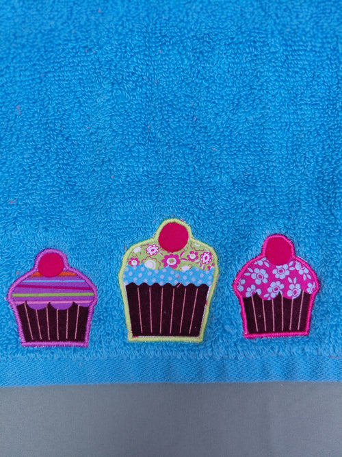 Aqua Three Cupcakes Embellished Hand Towel