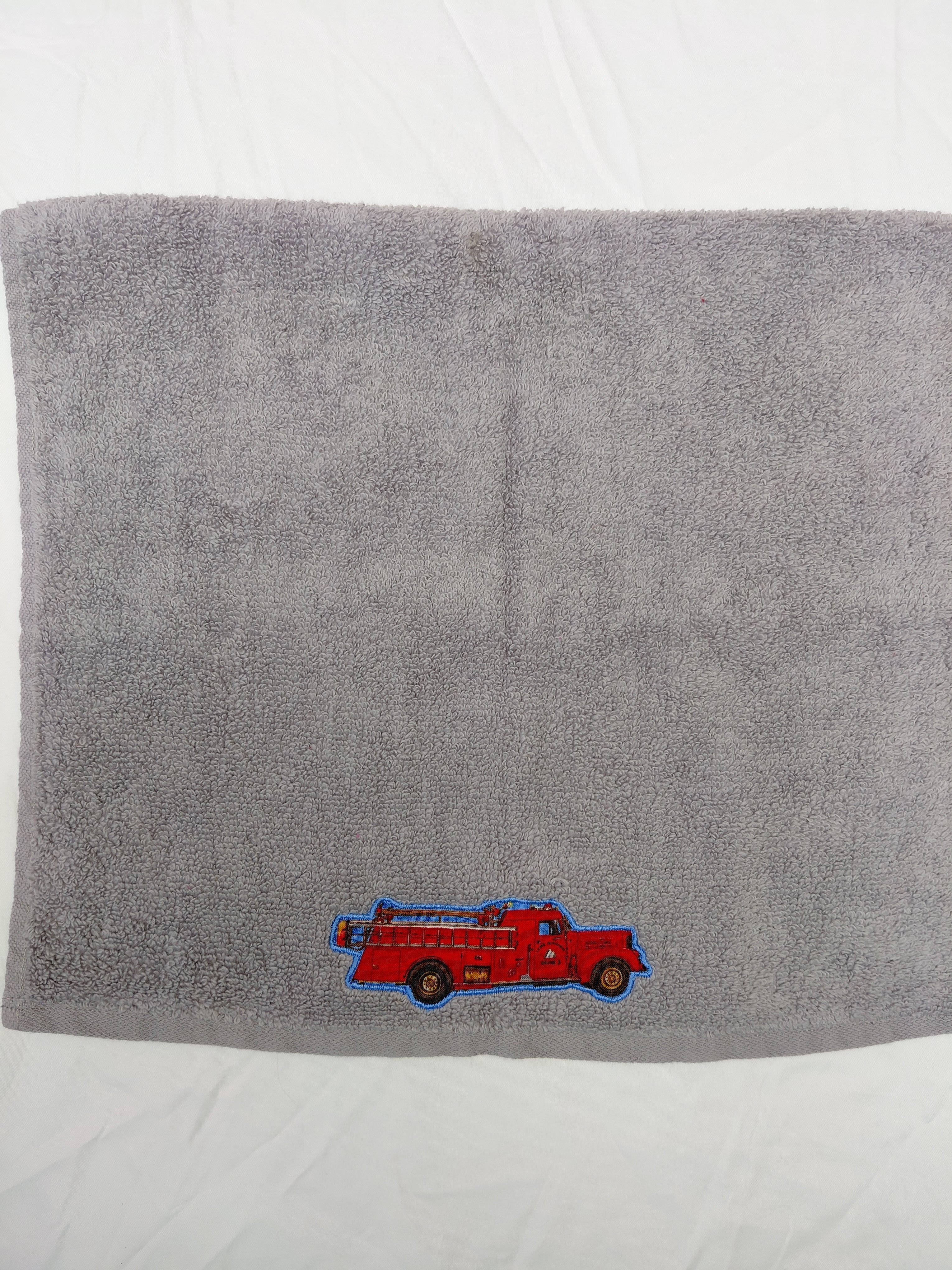 Fire Truck Gift for Kids – Handcrafted Stormy Sky Gray Hand Towel, Unique Birthday Gift for Boys, Handmade Bath Accessory