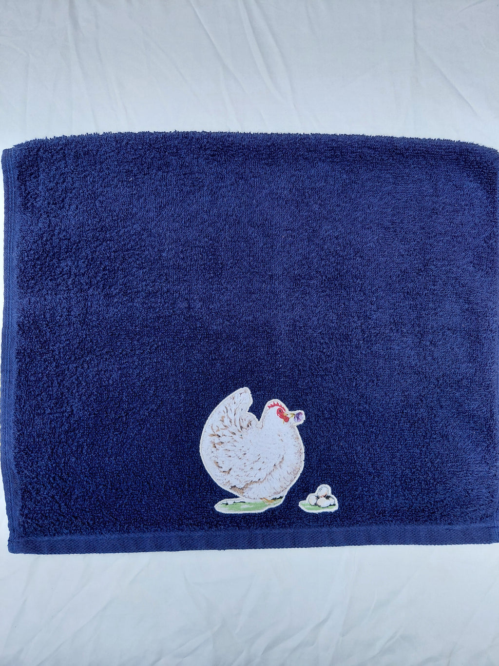 Chicken Gift for Farmers – Handcrafted Dark Blue Hand Towel, Unique Farmhouse Gift, Handmade Bath Accessory