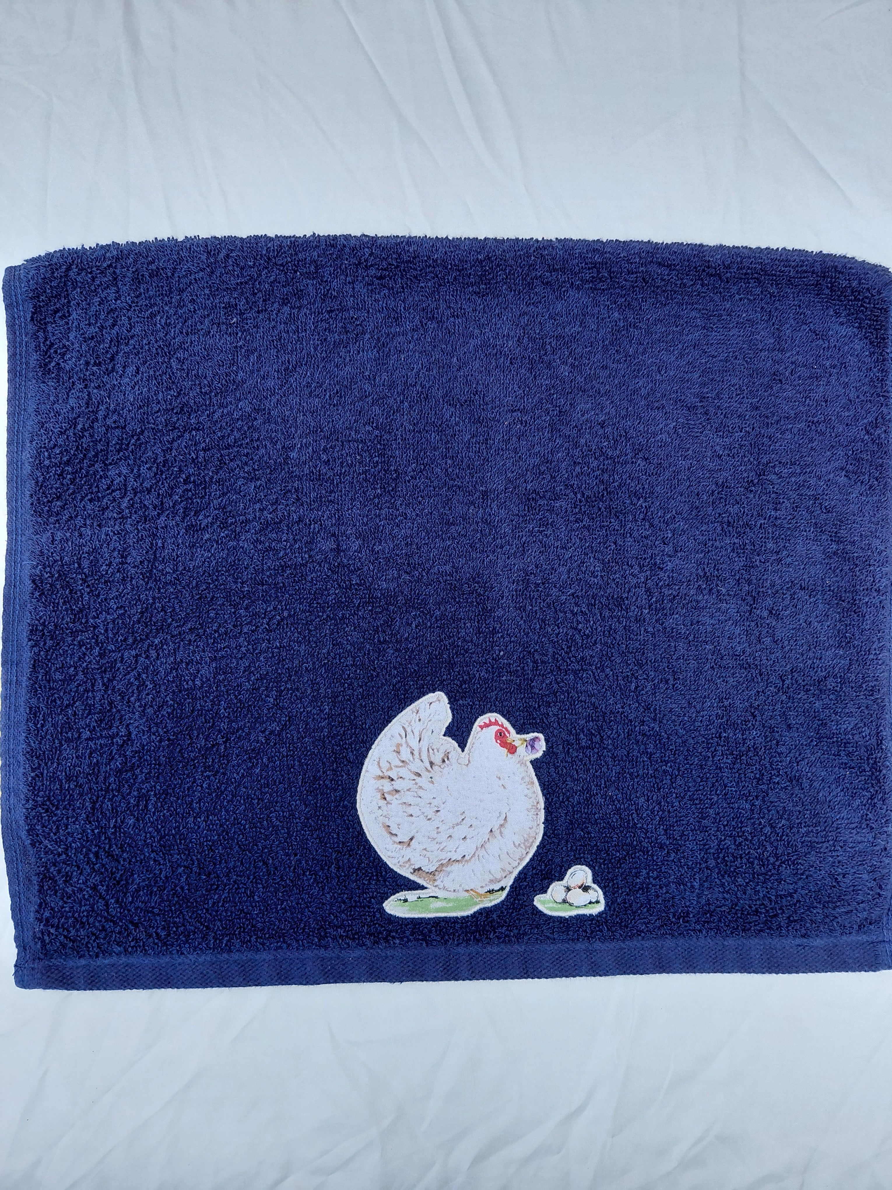 Chicken Gift for Farmers – Handcrafted Dark Blue Hand Towel, Unique Farmhouse Gift, Handmade Bath Accessory