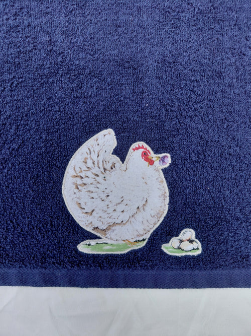 Chicken Gift for Farmers – Handcrafted Dark Blue Hand Towel, Unique Farmhouse Gift, Handmade Bath Accessory