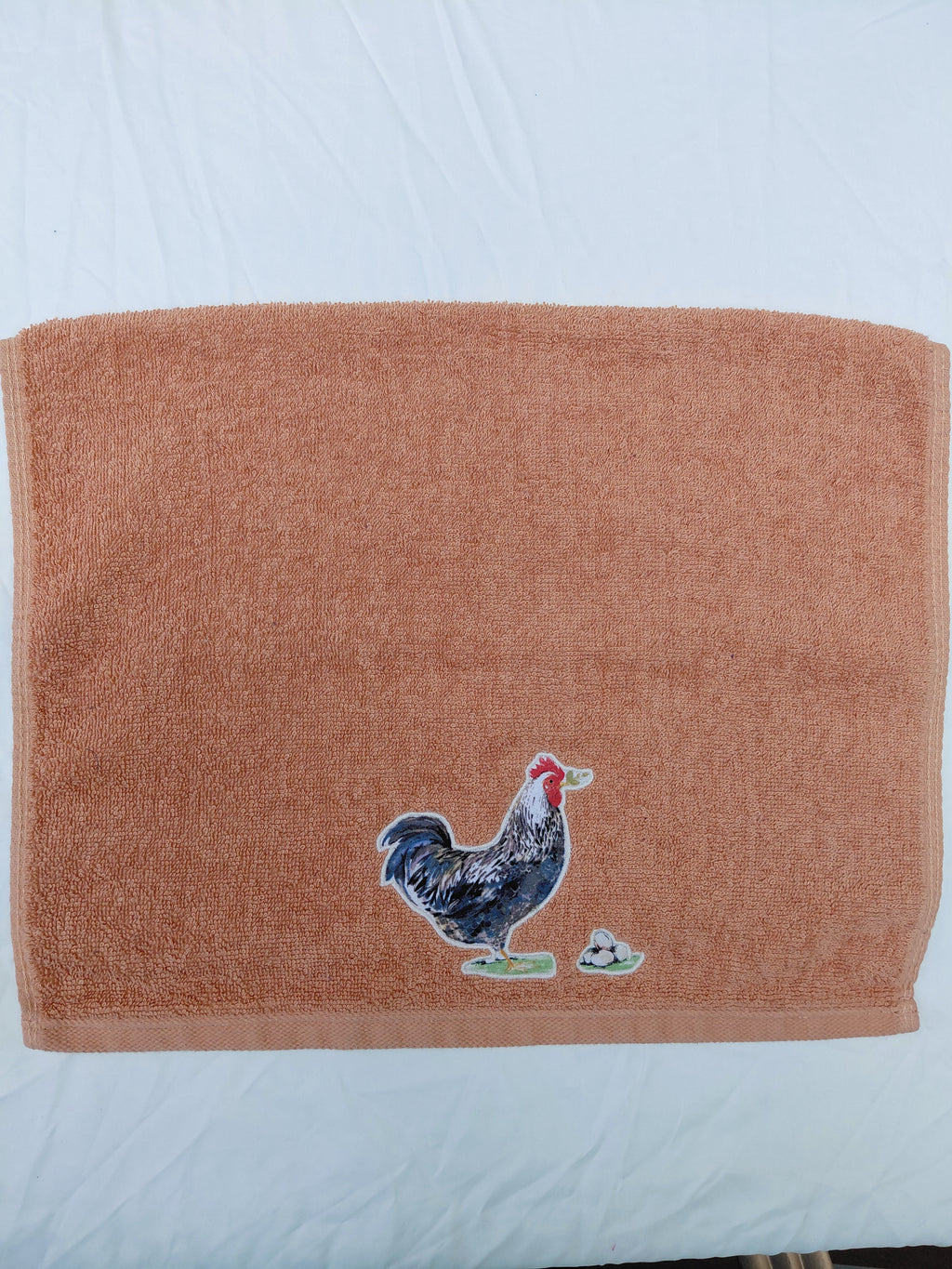 Rooster Gift for Farmers – Handcrafted Burnt Orange Hand Towel, Unique Farmhouse Gift, Handmade Bath Accessory