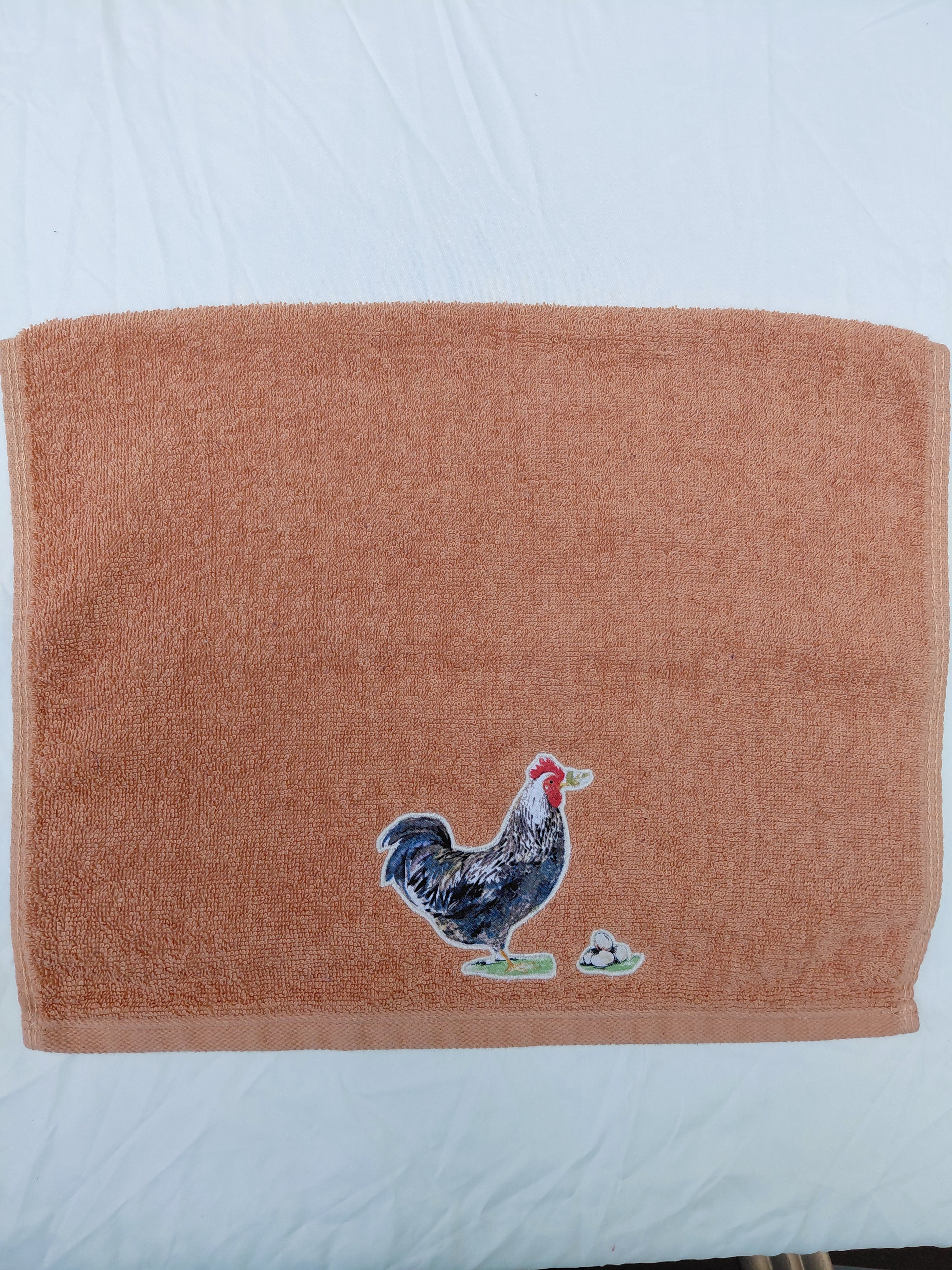 Rooster Gift for Farmers – Handcrafted Burnt Orange Hand Towel, Unique Farmhouse Gift, Handmade Bath Accessory