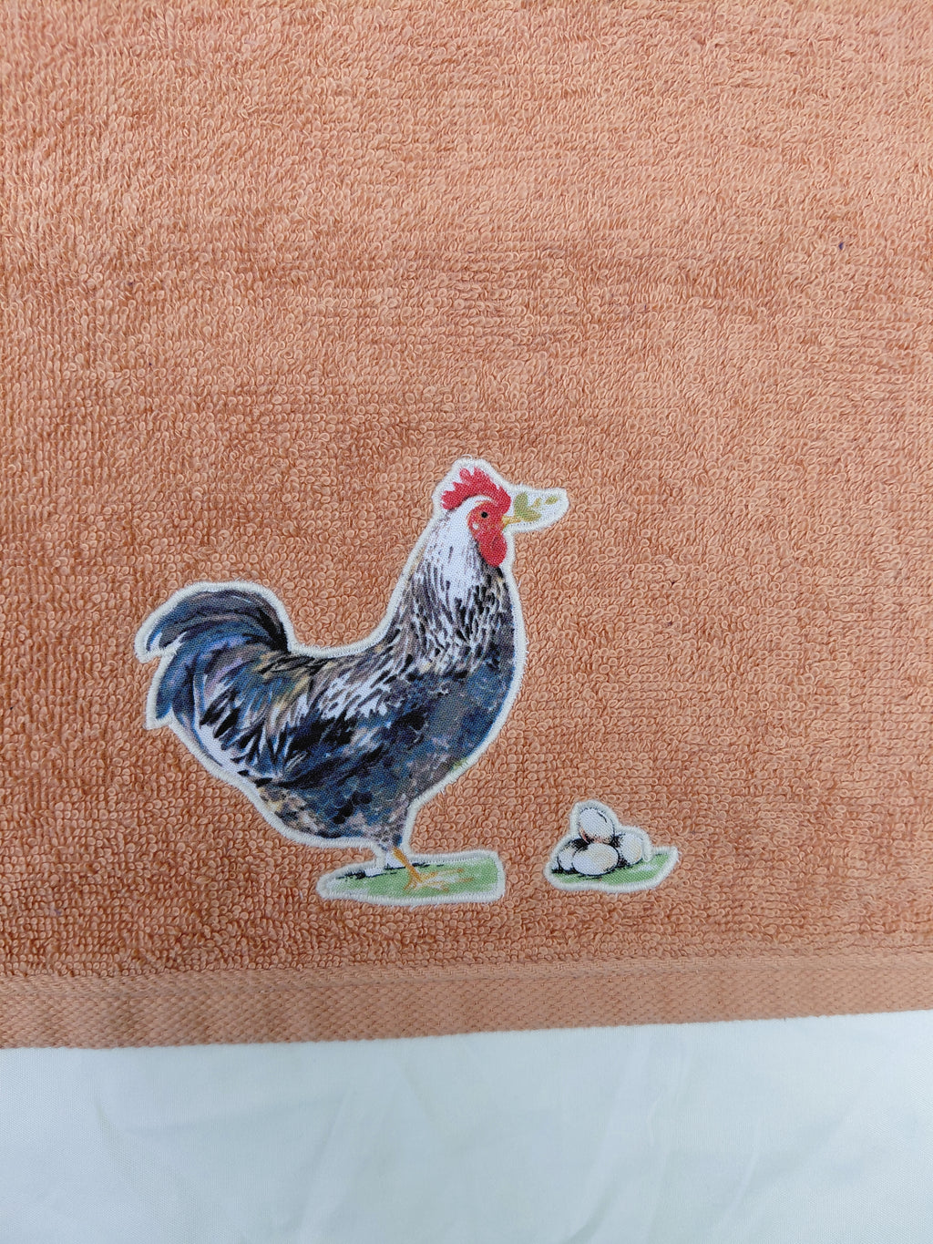 Rooster Gift for Farmers – Handcrafted Burnt Orange Hand Towel, Unique Farmhouse Gift, Handmade Bath Accessory