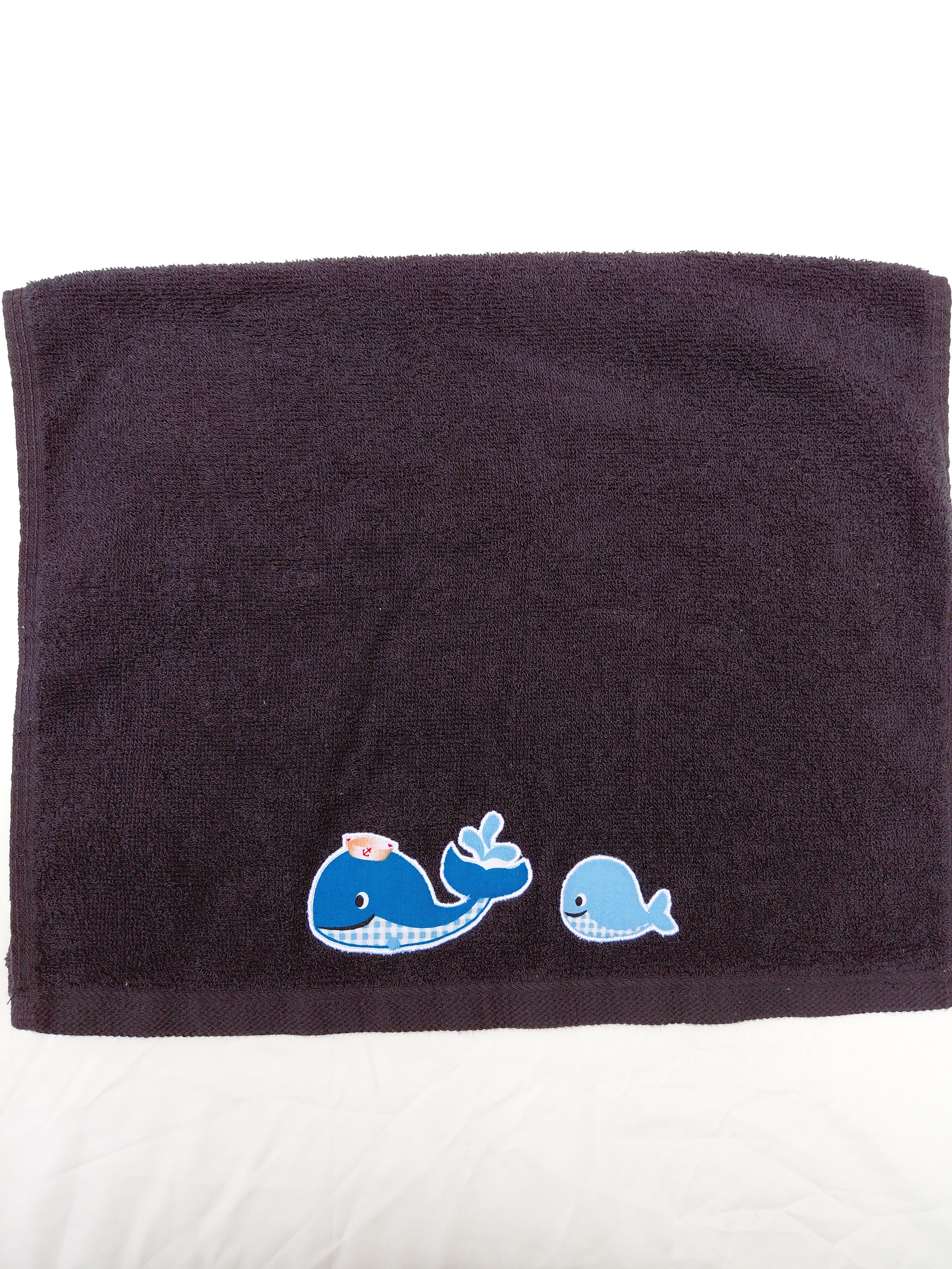 Whale Gift for Ocean Lovers – Handcrafted Black Hand Towel, Unique Beach Gift, Handmade Bath Accessory