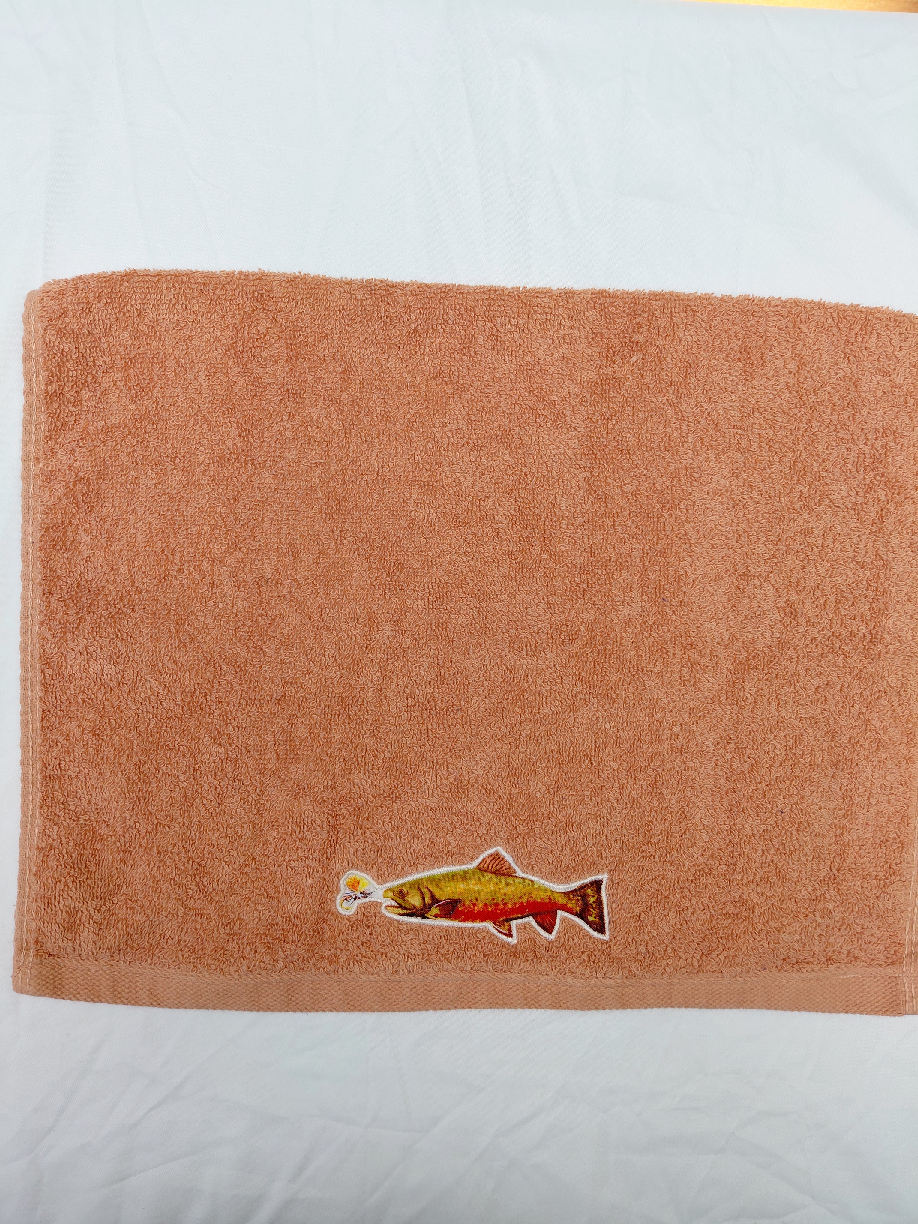 Fishing Gift for Dad – Handcrafted Burnt Orange Hand Towel, Unique Gift for Fishermen, Handmade Bath Accessory