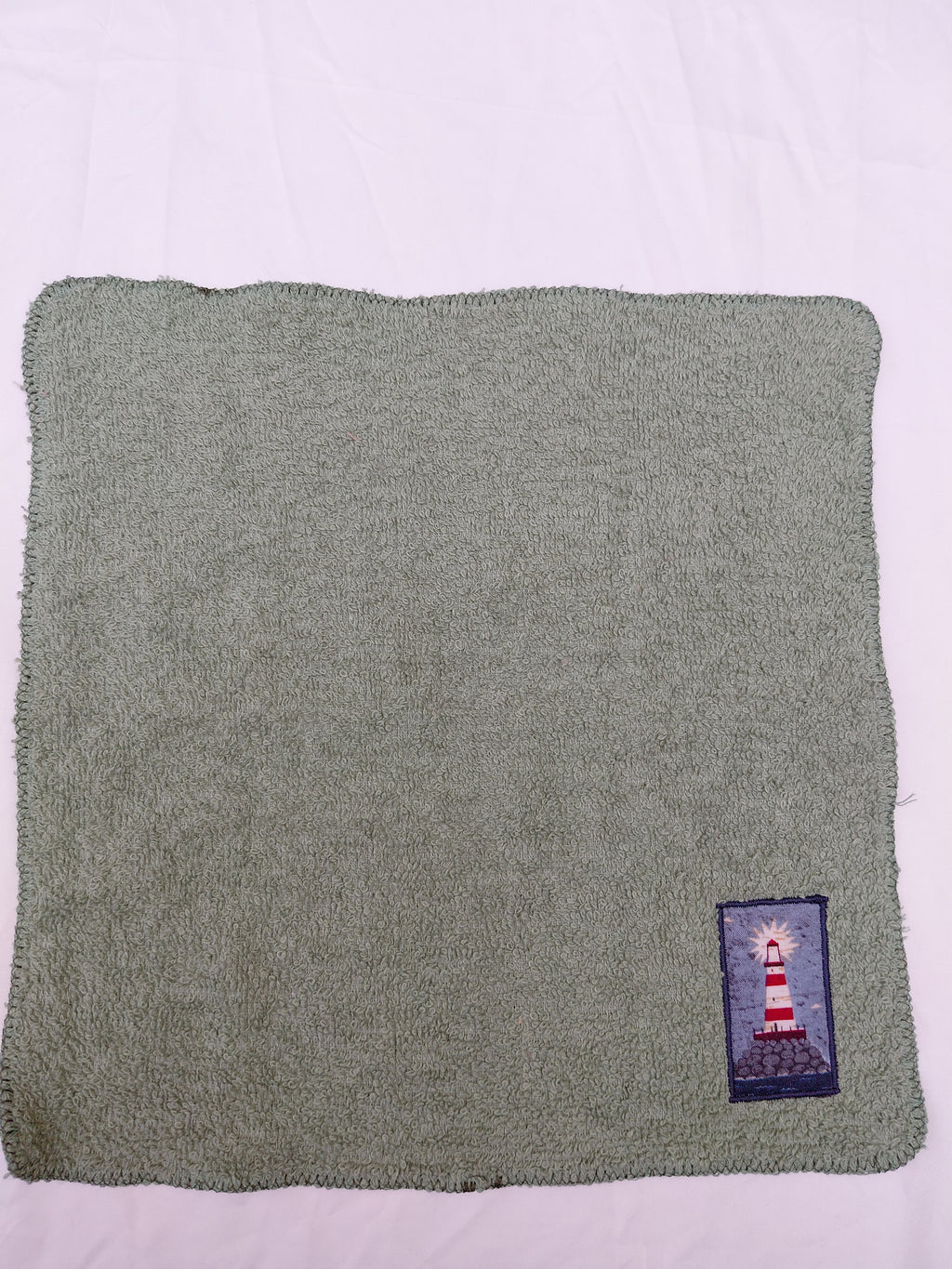 Lighthouse Gift for Ocean Lovers – Handcrafted Sage Green Washcloth, Unique Coastal Gift, Handmade Bath Accessory