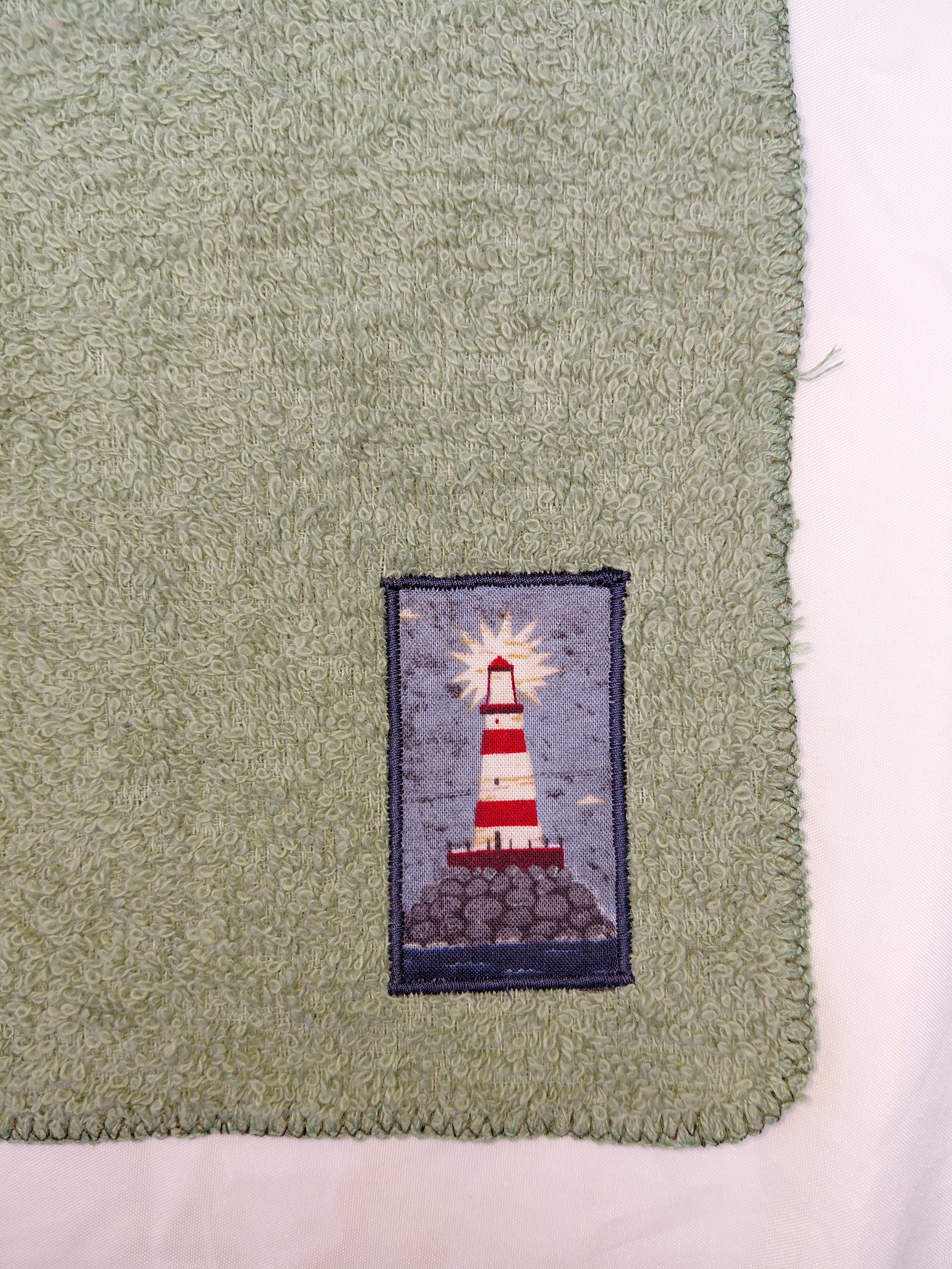 Lighthouse Gift for Ocean Lovers – Handcrafted Sage Green Washcloth, Unique Coastal Gift, Handmade Bath Accessory