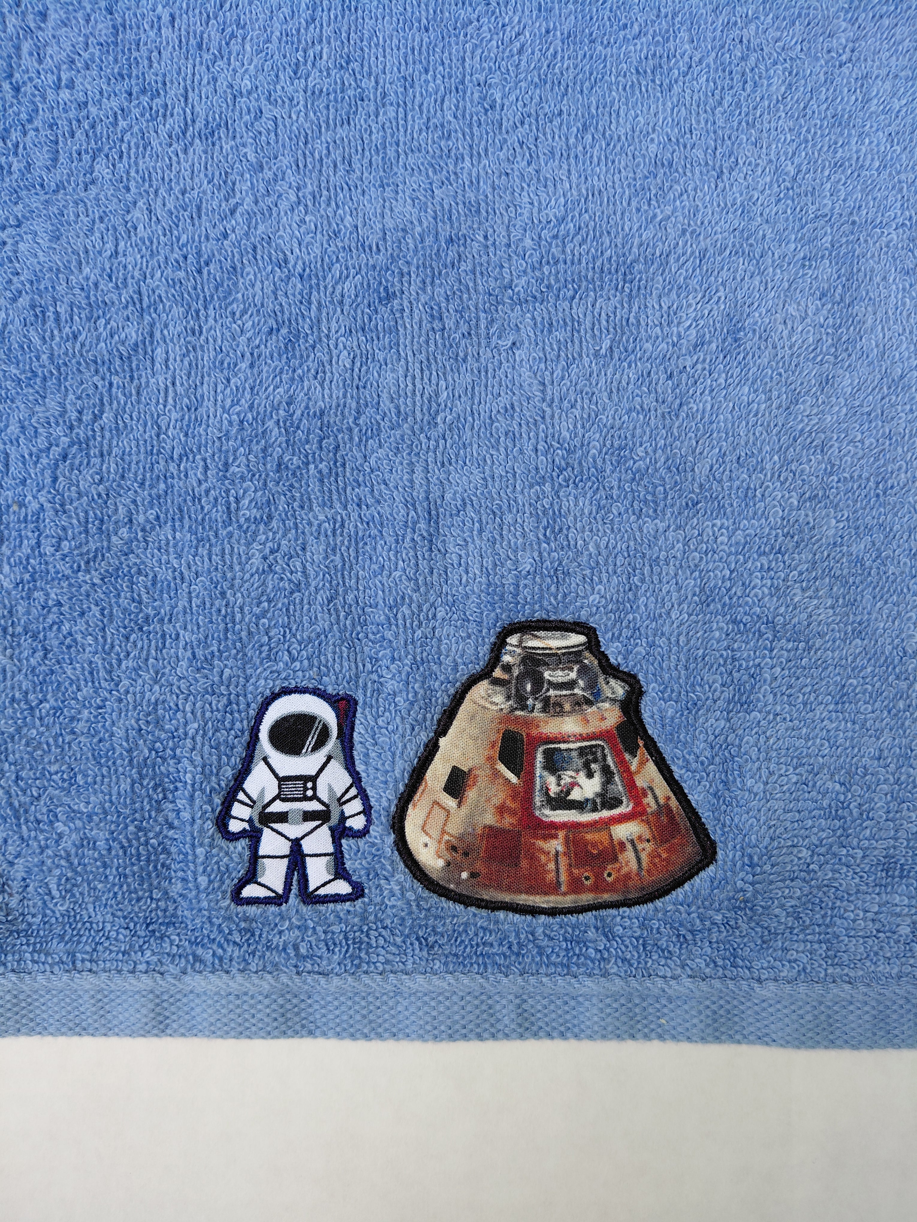 Space Gift for Kids – Handcrafted Sky Blue Hand Towel, Unique Birthday Gift, Handmade Astronaut & Space Capsule Bath Accessory
