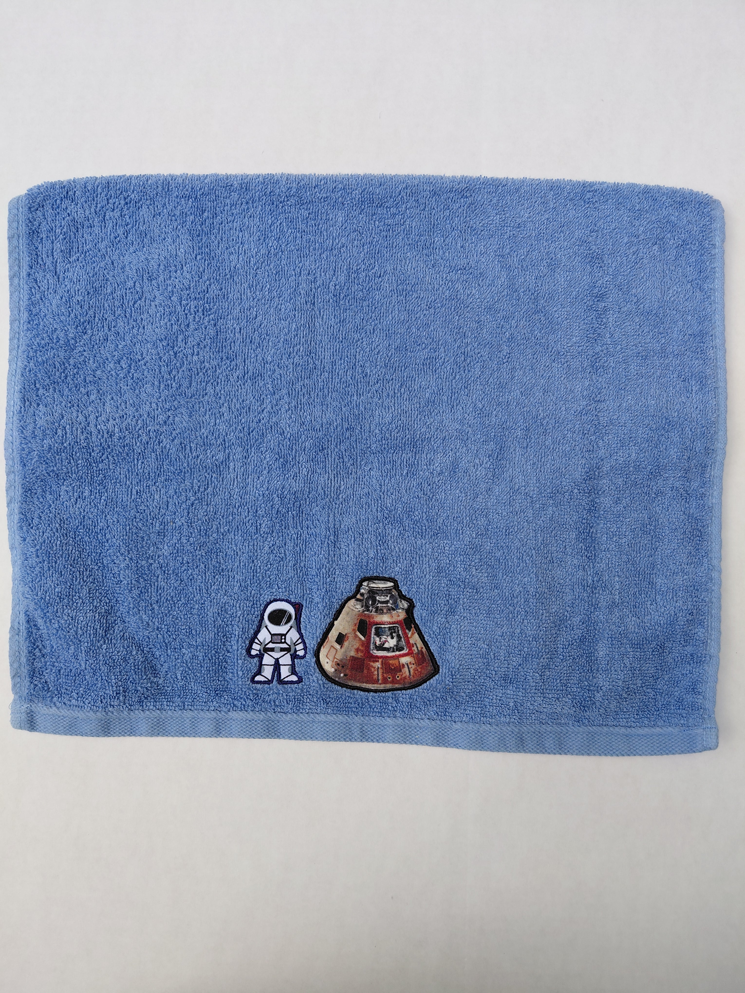 Space Gift for Kids – Handcrafted Sky Blue Hand Towel, Unique Birthday Gift, Handmade Astronaut & Space Capsule Bath Accessory