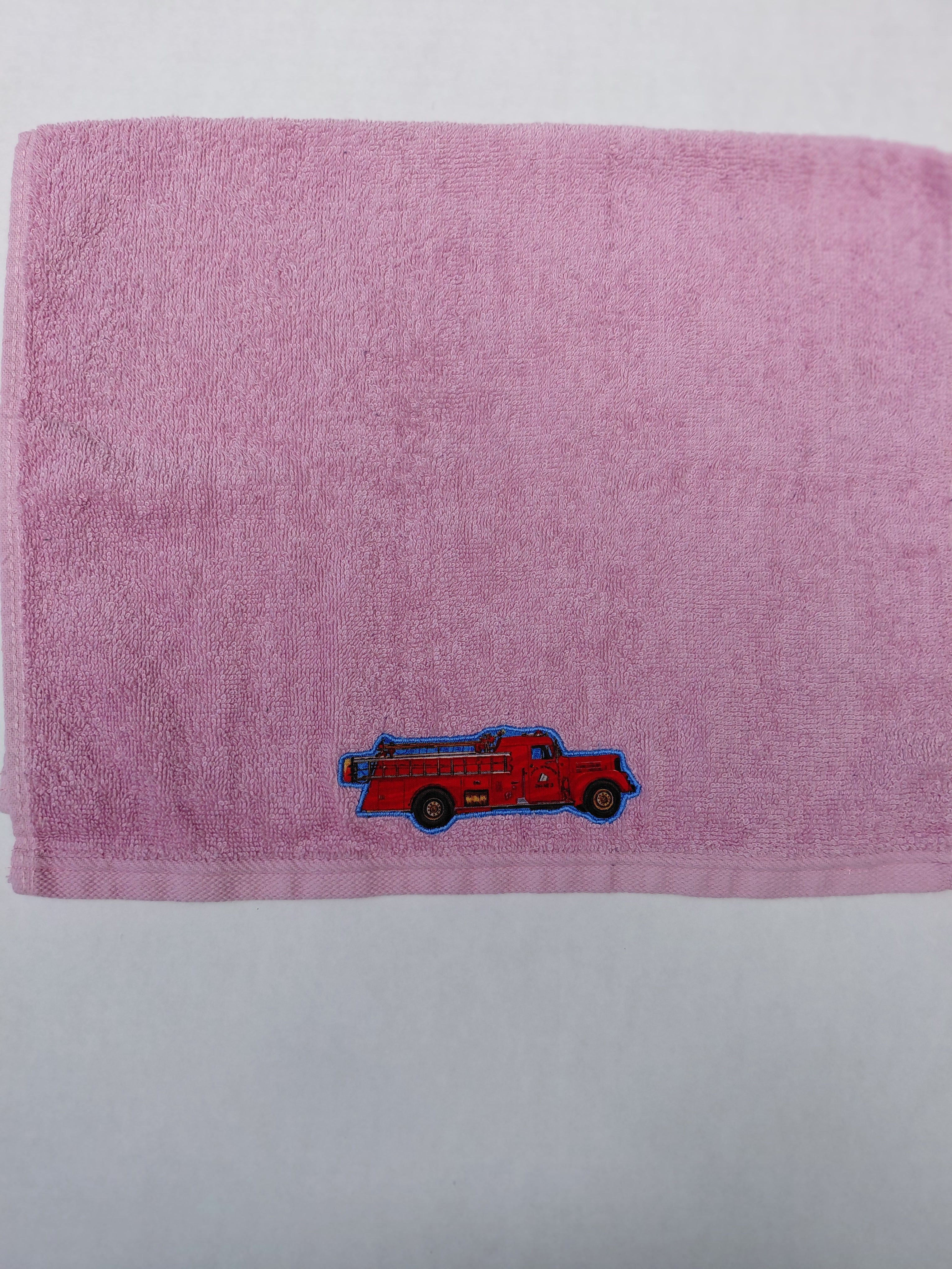Fire Truck Gift for Kids – Handcrafted Rose Pink Hand Towel, Unique Birthday Gift for Girls, Handmade Bath Accessory