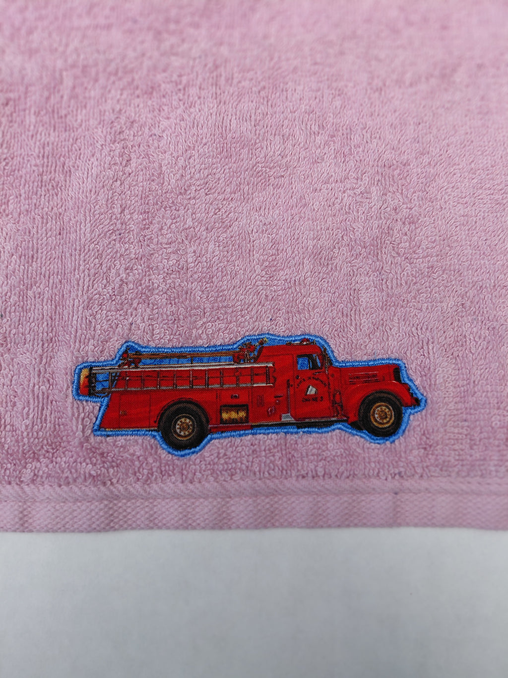 Fire Truck Gift for Kids – Handcrafted Rose Pink Hand Towel, Unique Birthday Gift for Girls, Handmade Bath Accessory
