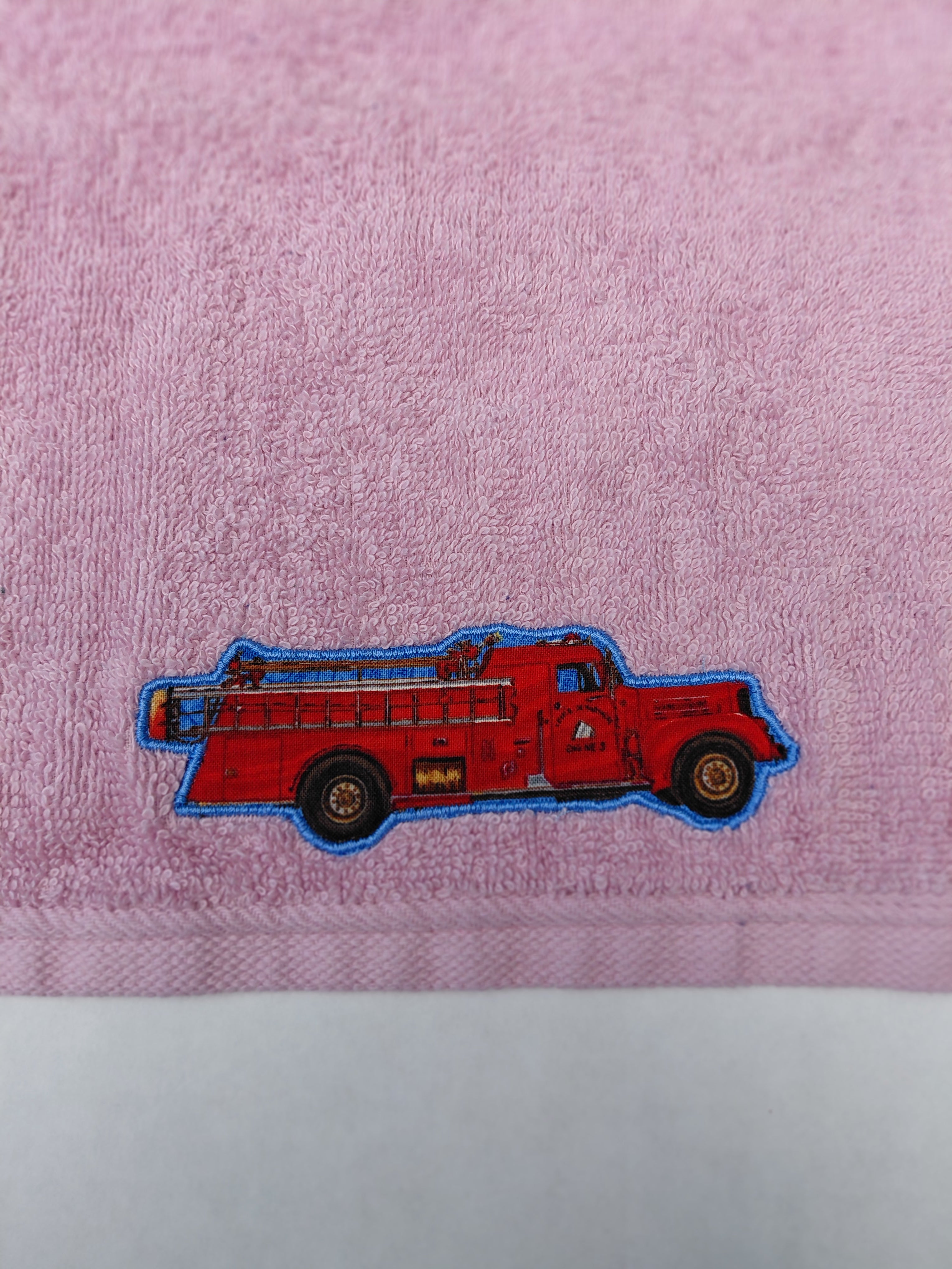 Fire Truck Gift for Kids – Handcrafted Rose Pink Hand Towel, Unique Birthday Gift for Girls, Handmade Bath Accessory