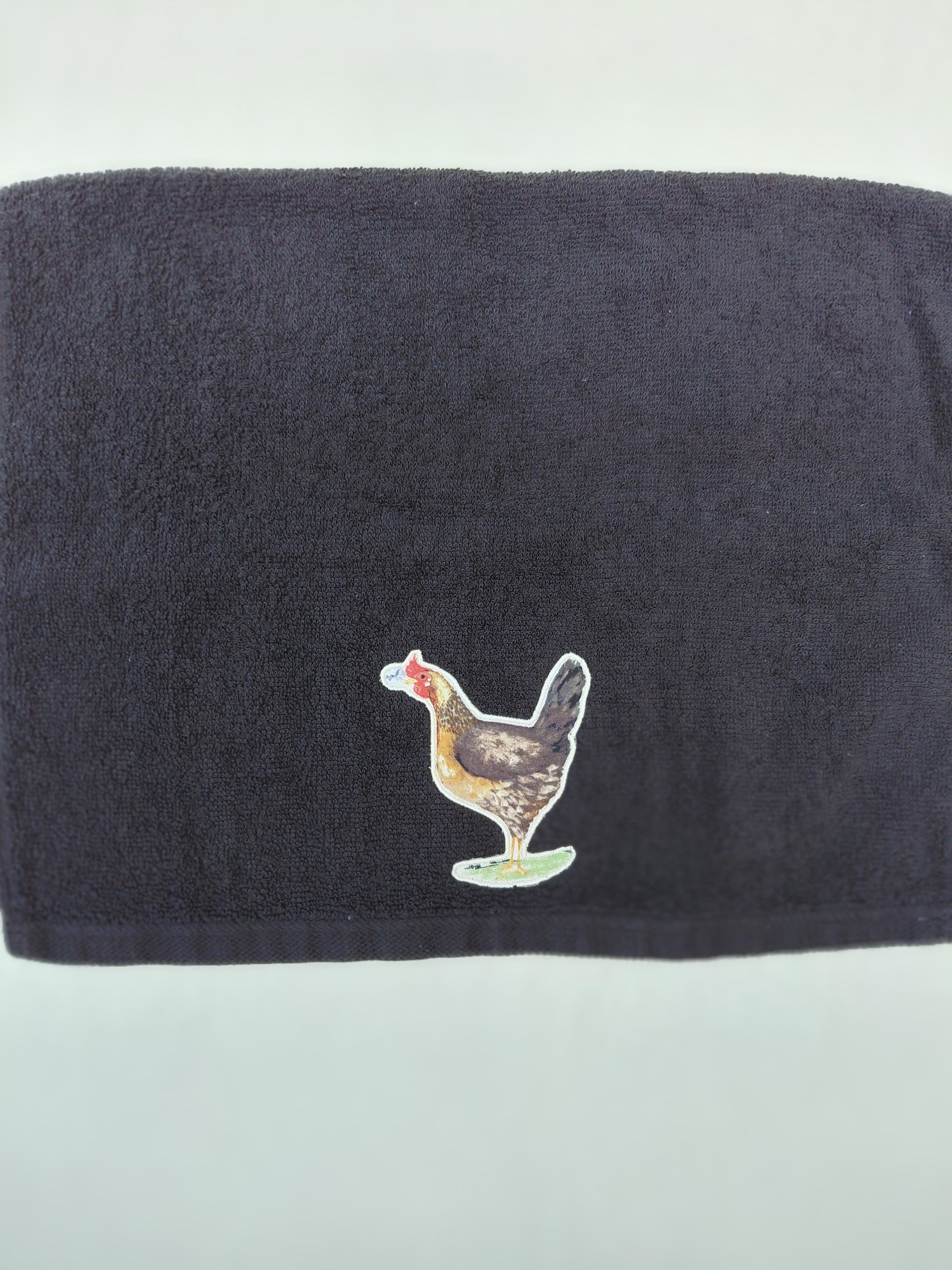 Chicken Gift for Farmers – Handcrafted Black Hand Towel, Unique Farmhouse Gift, Handmade Bath Accessory