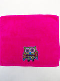 Owl Gift for Kids – Handcrafted Magenta Hand Towel with Sky Blue Owl, Unique Birthday Gift, Handmade Bath Accessory