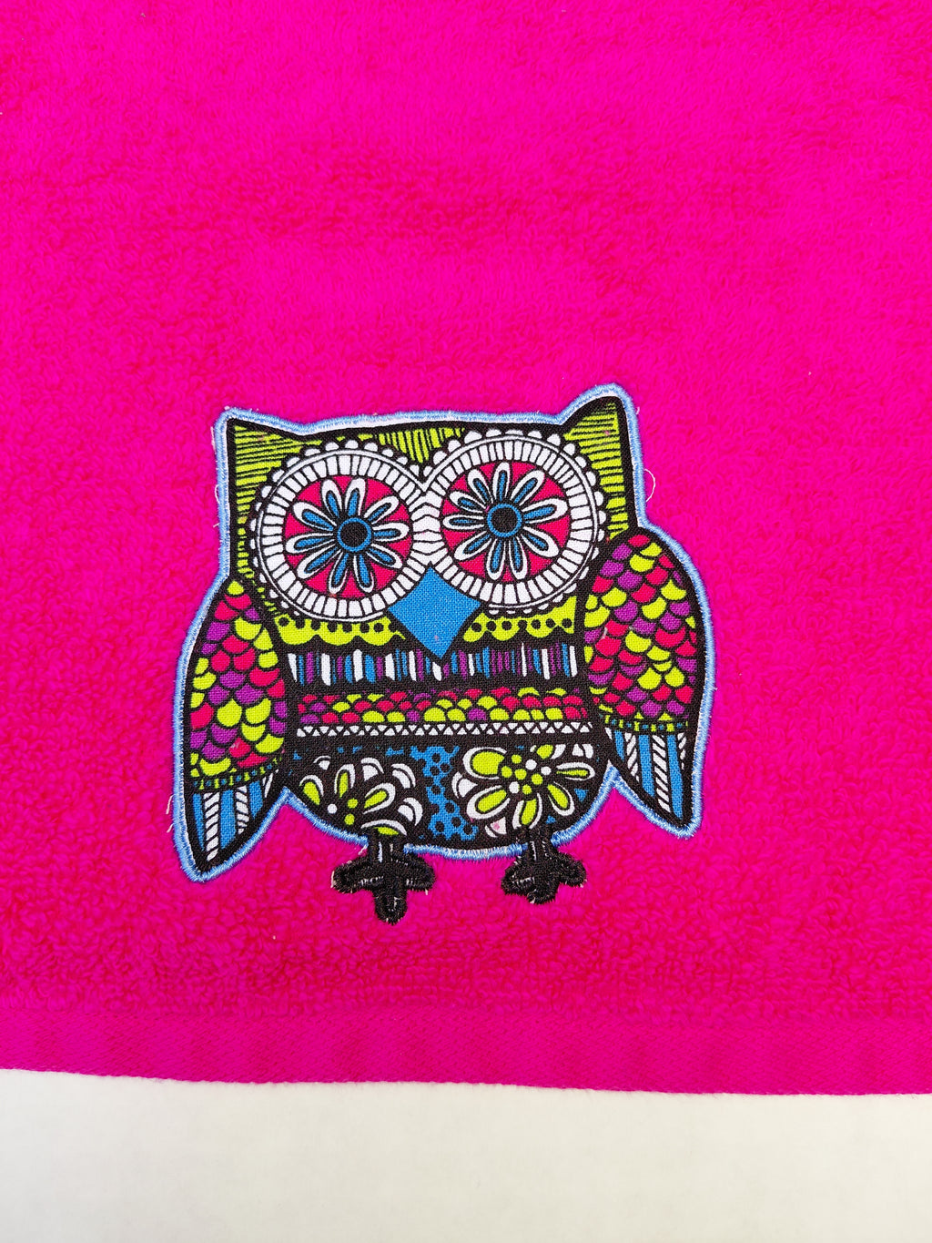 Owl Gift for Kids – Handcrafted Magenta Hand Towel with Sky Blue Owl, Unique Birthday Gift, Handmade Bath Accessory