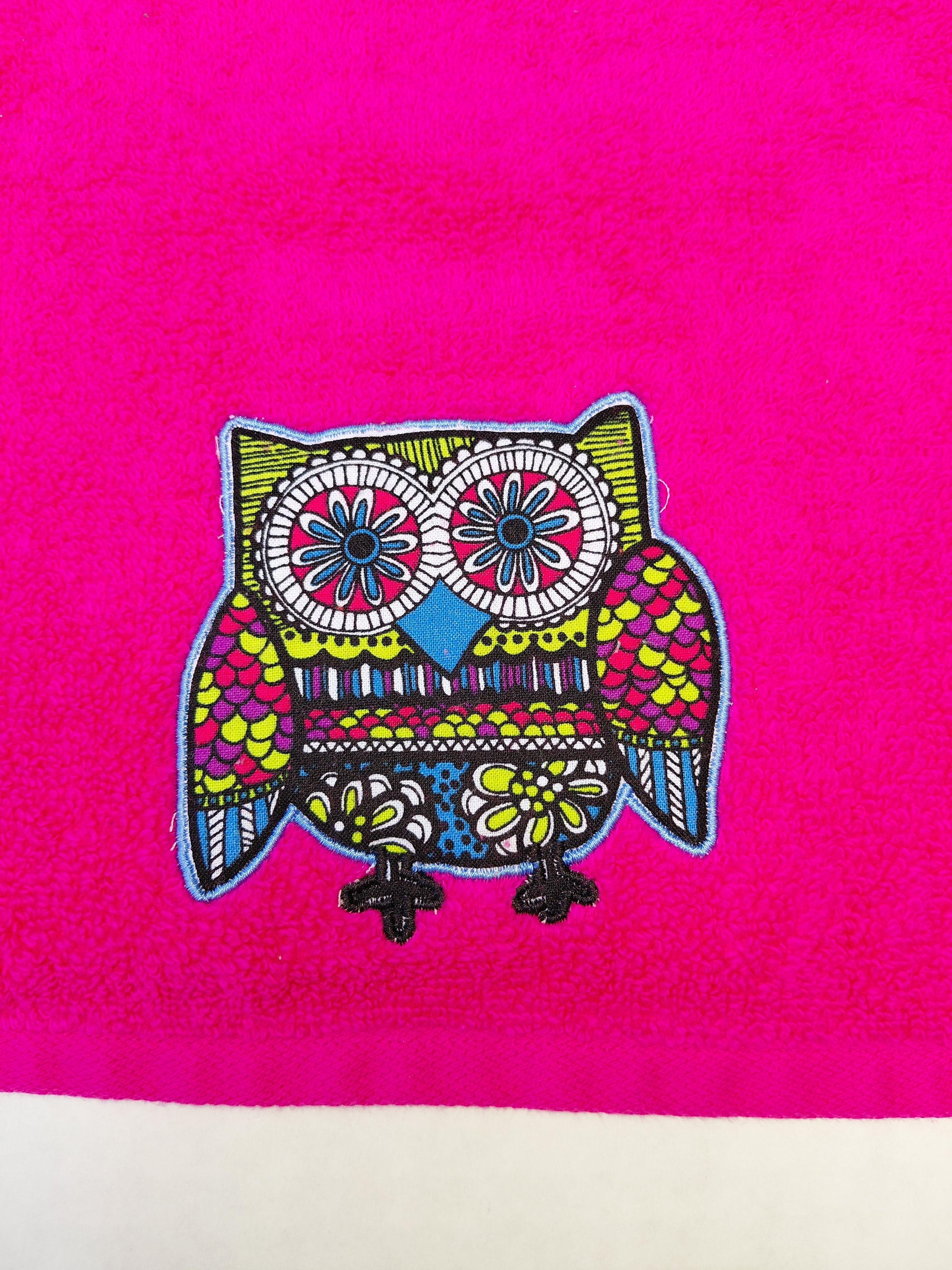 Owl Gift for Kids – Handcrafted Magenta Hand Towel with Sky Blue Owl, Unique Birthday Gift, Handmade Bath Accessory