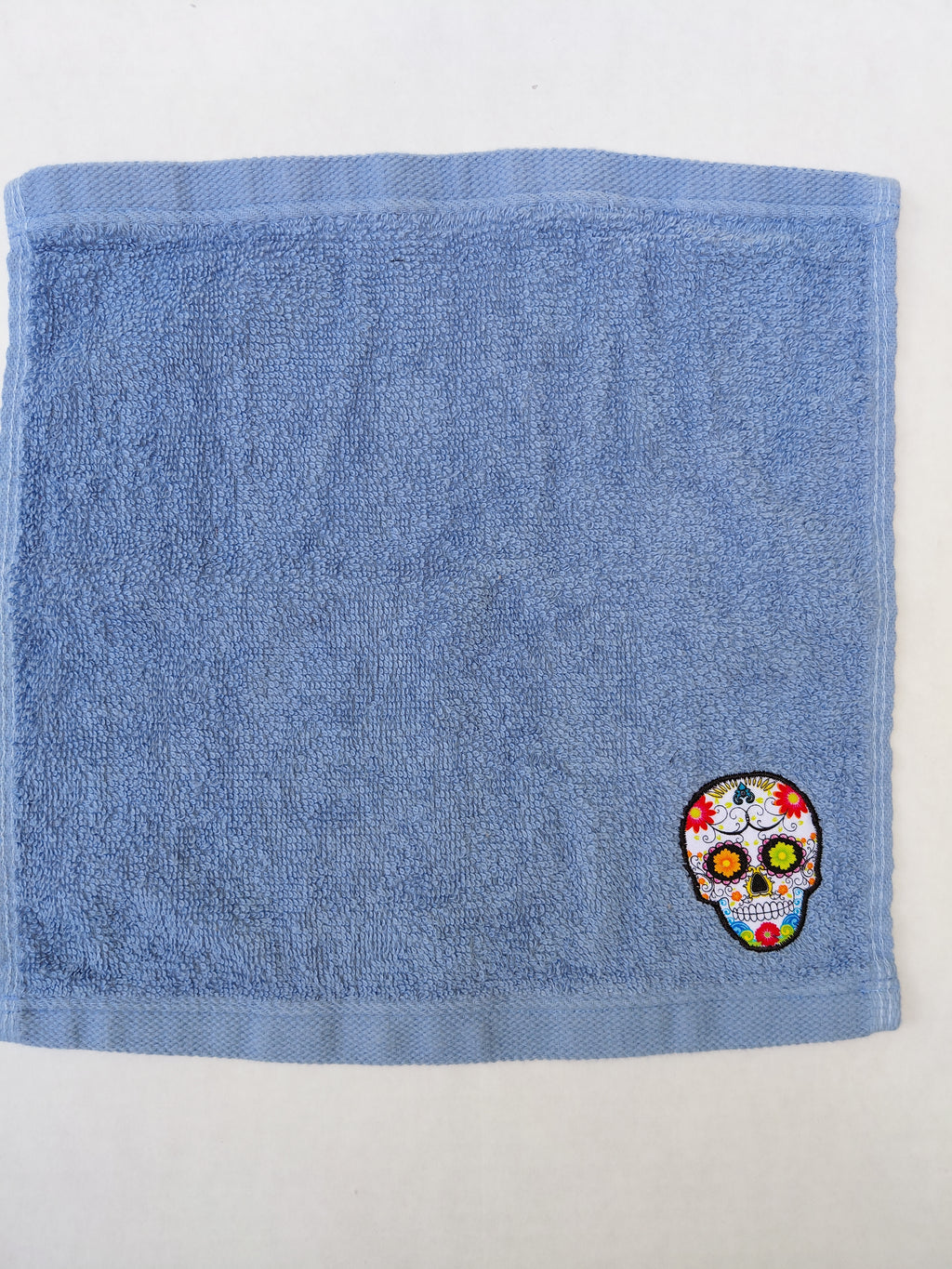 Day of the Dead Gift – Handcrafted Sky Blue Washcloth, Unique Gift for Sugar Skull Lovers, Handmade Bath Accessory