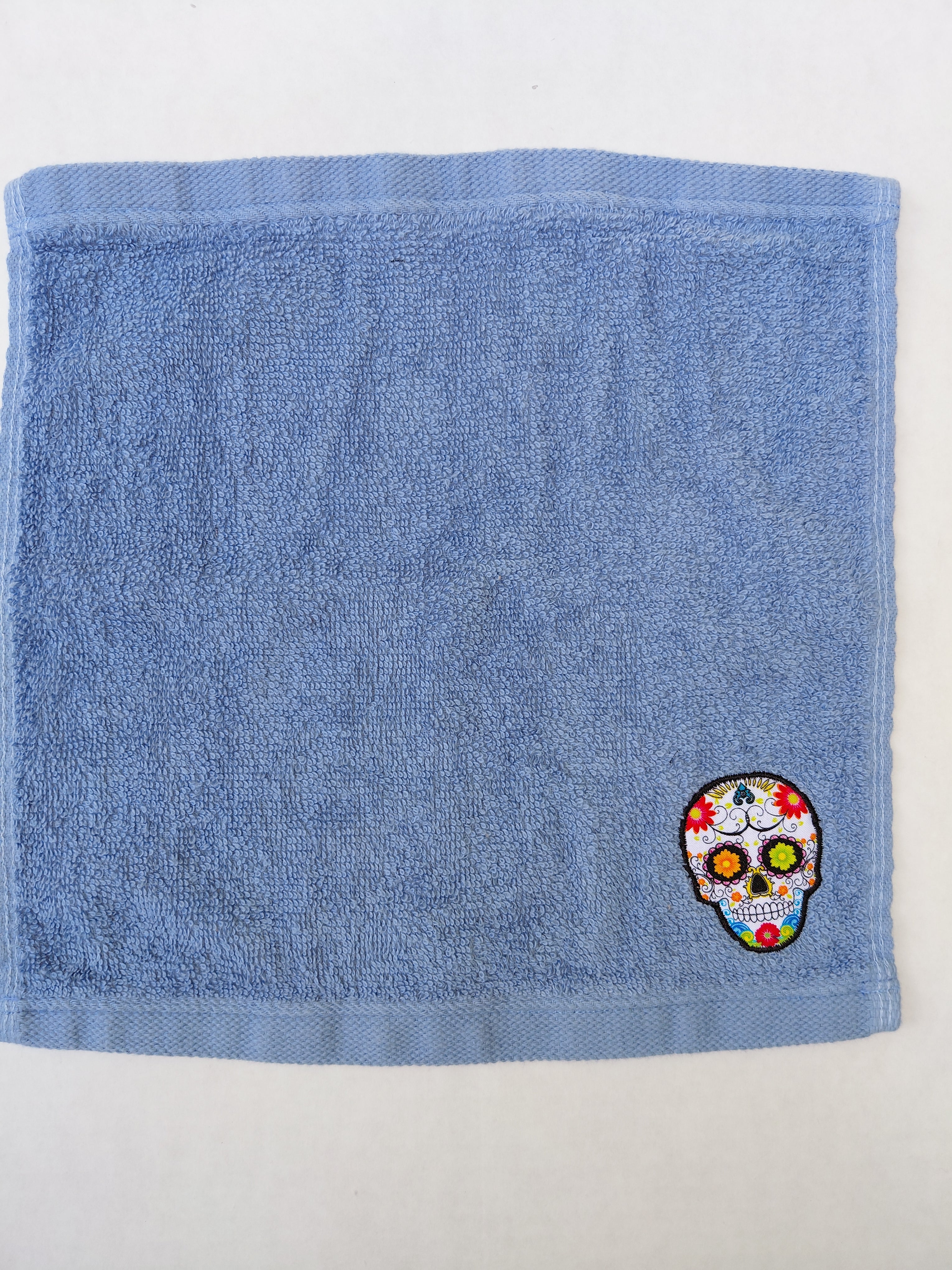Day of the Dead Gift – Handcrafted Sky Blue Washcloth, Unique Gift for Sugar Skull Lovers, Handmade Bath Accessory