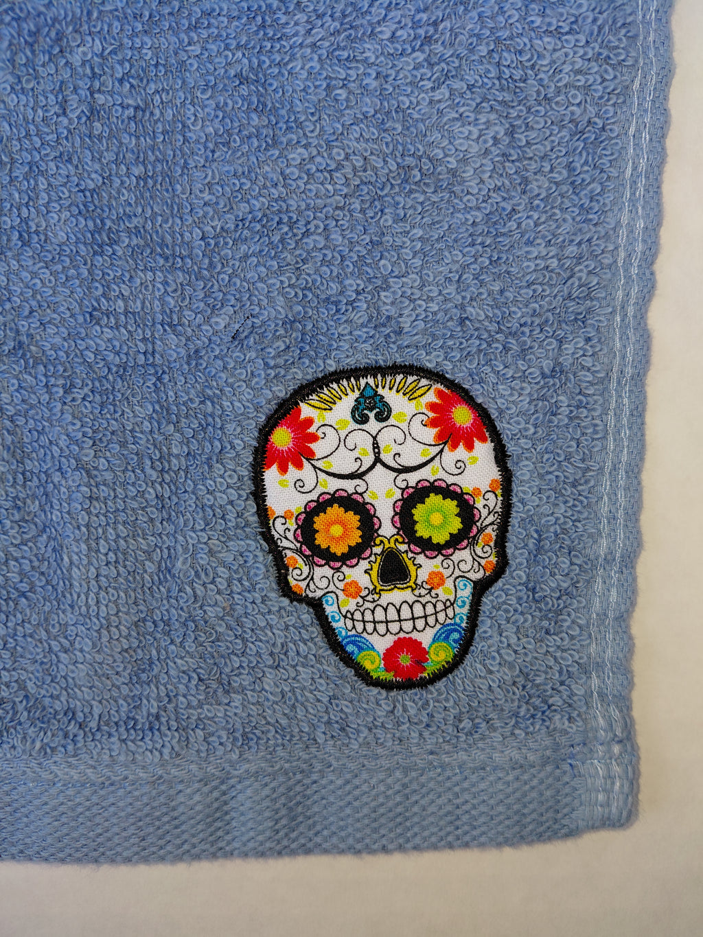 Day of the Dead Gift – Handcrafted Sky Blue Washcloth, Unique Gift for Sugar Skull Lovers, Handmade Bath Accessory