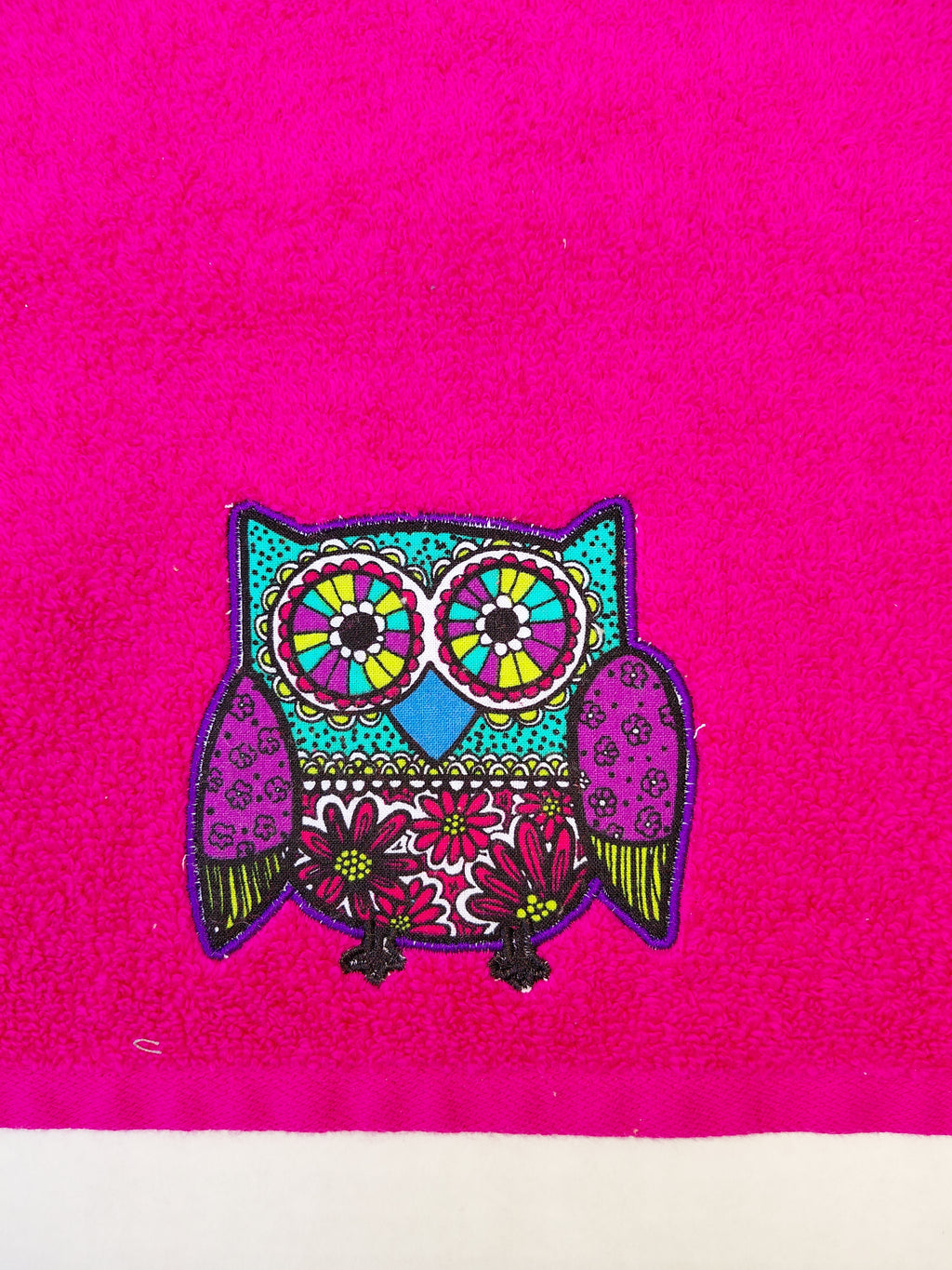 Owl Gift for Kids – Handcrafted Magenta Hand Towel with Deep Purple Owl, Unique Birthday Gift, Handmade Bath Accessory