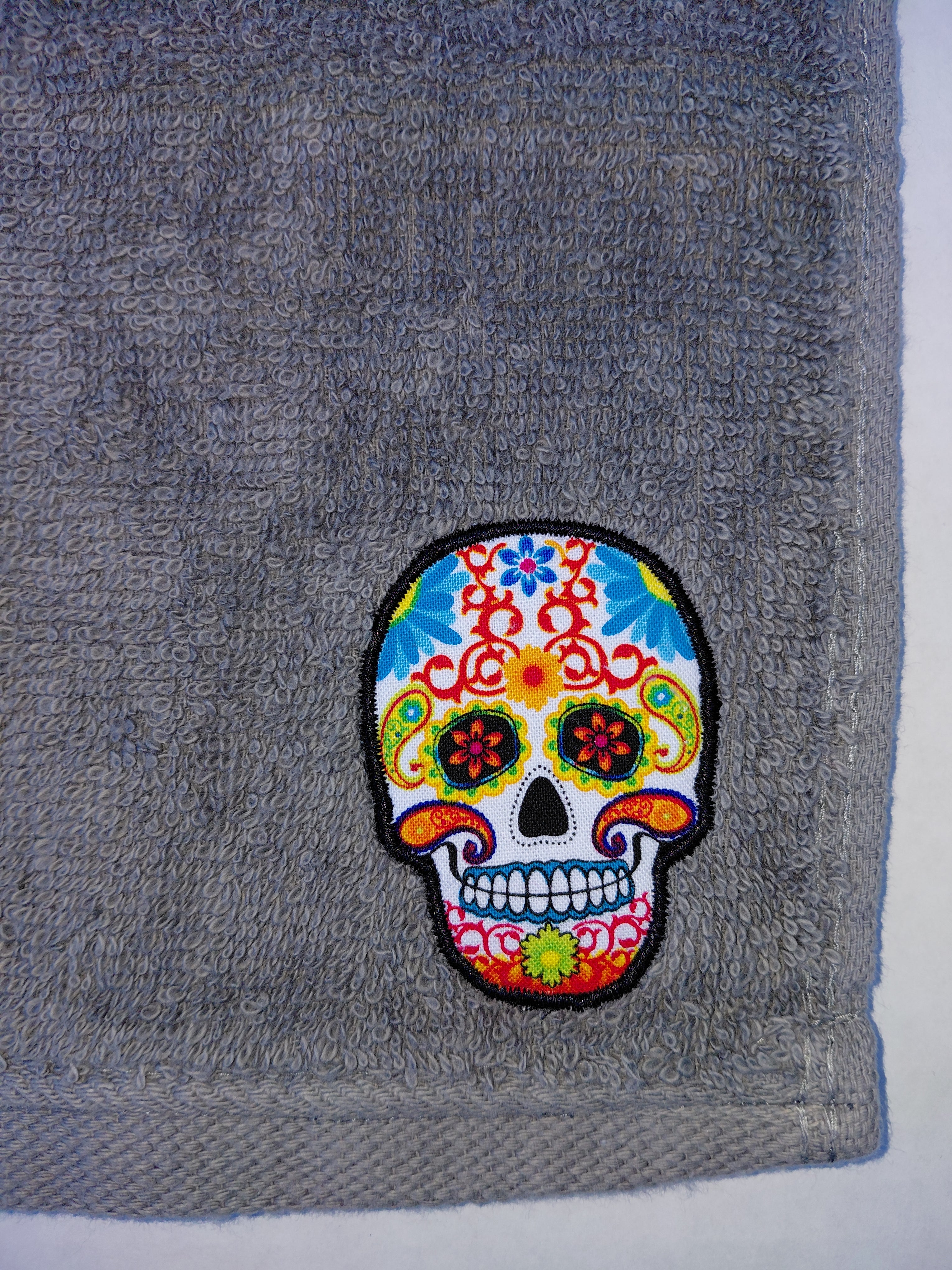 Day of the Dead Skull Washcloth – Handcrafted Stormy Sky Gray Bath Cloth | Unique Gothic Gift, Handmade Bath Accessory