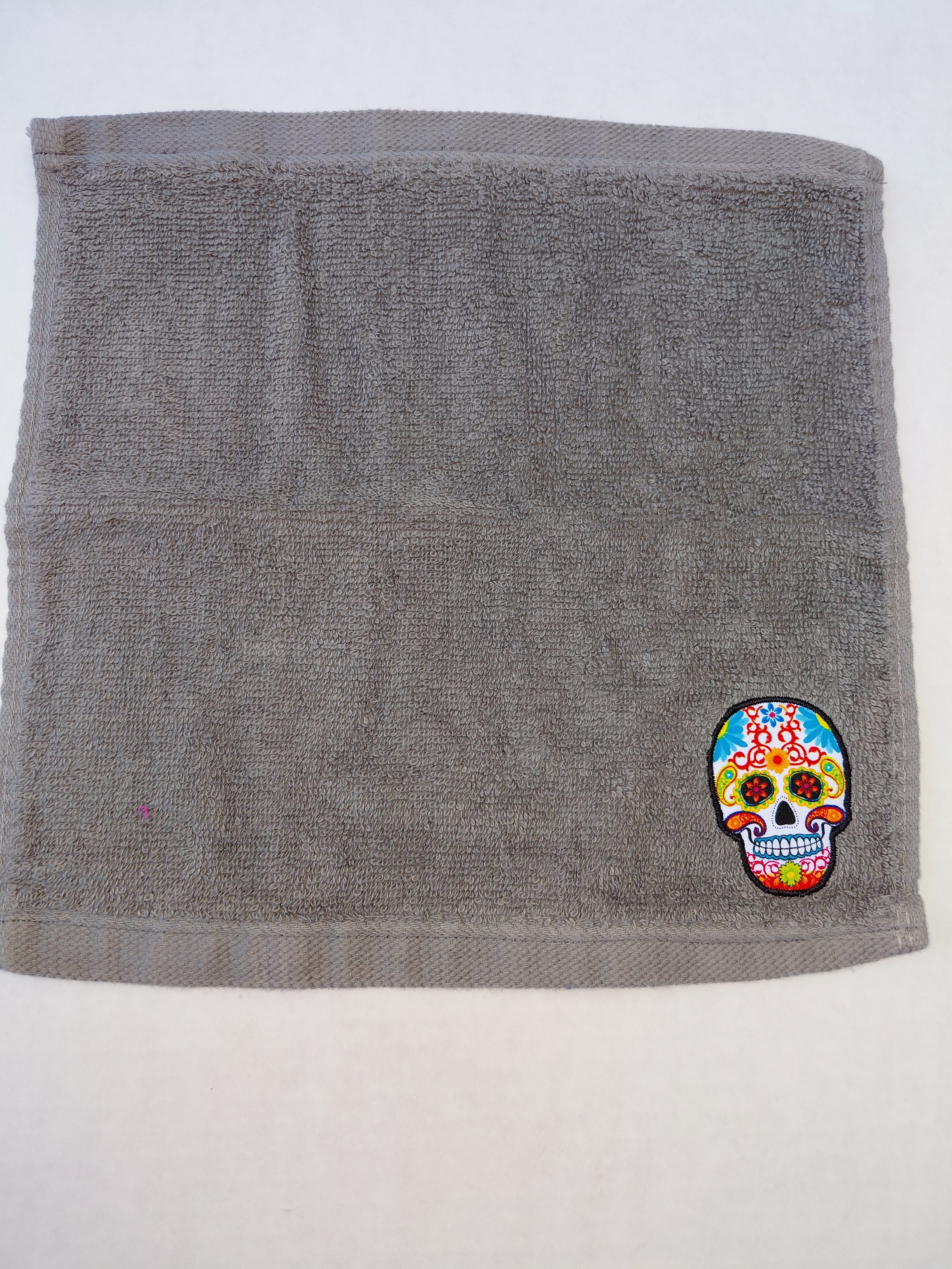 Day of the Dead Skull Washcloth – Handcrafted Stormy Sky Gray Bath Cloth | Unique Gothic Gift, Handmade Bath Accessory