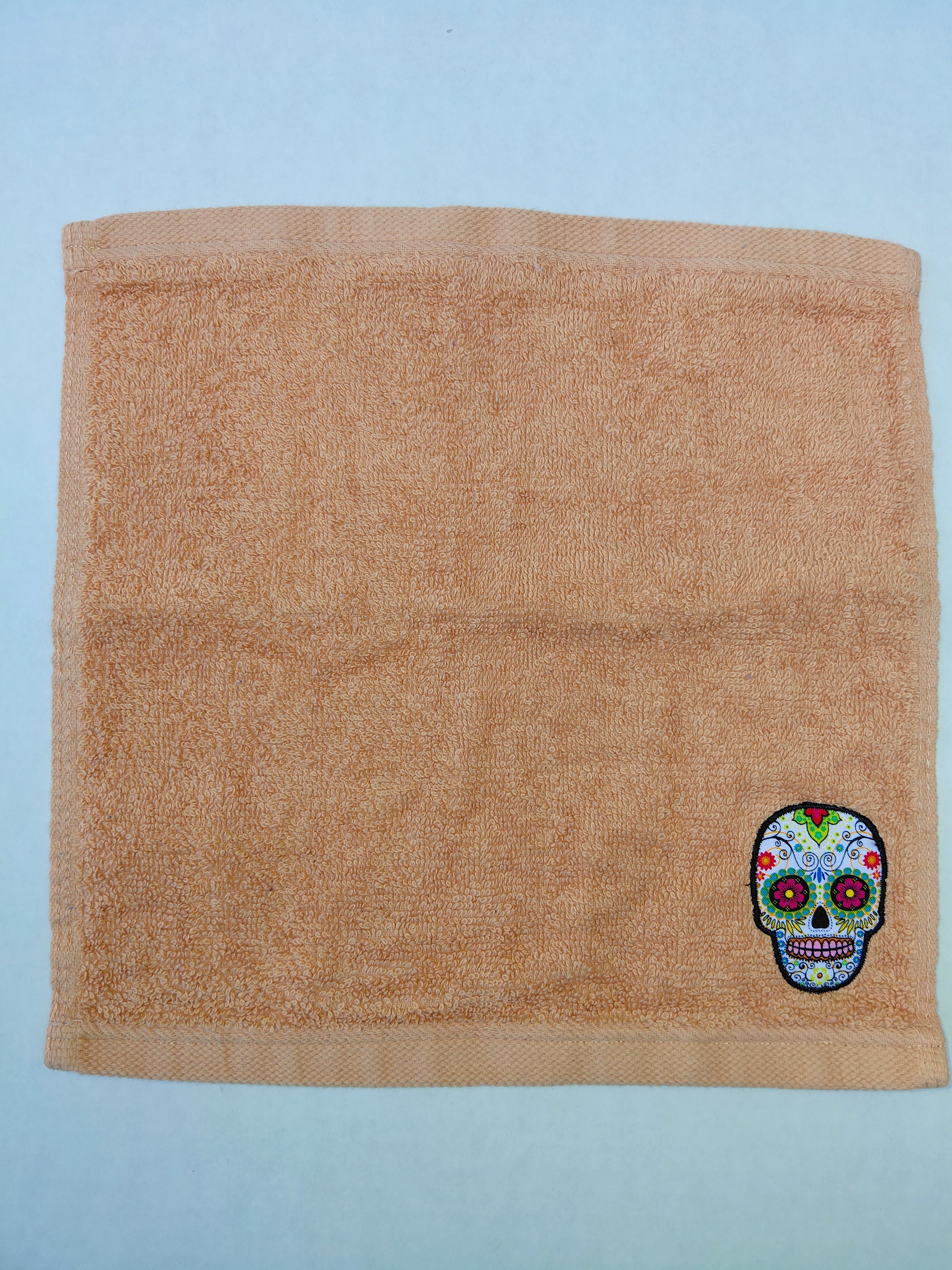 Day of the Dead Skull Washcloth – Handcrafted Burnt Orange Bath Cloth | Unique Gift, Handmade Bath Accessory