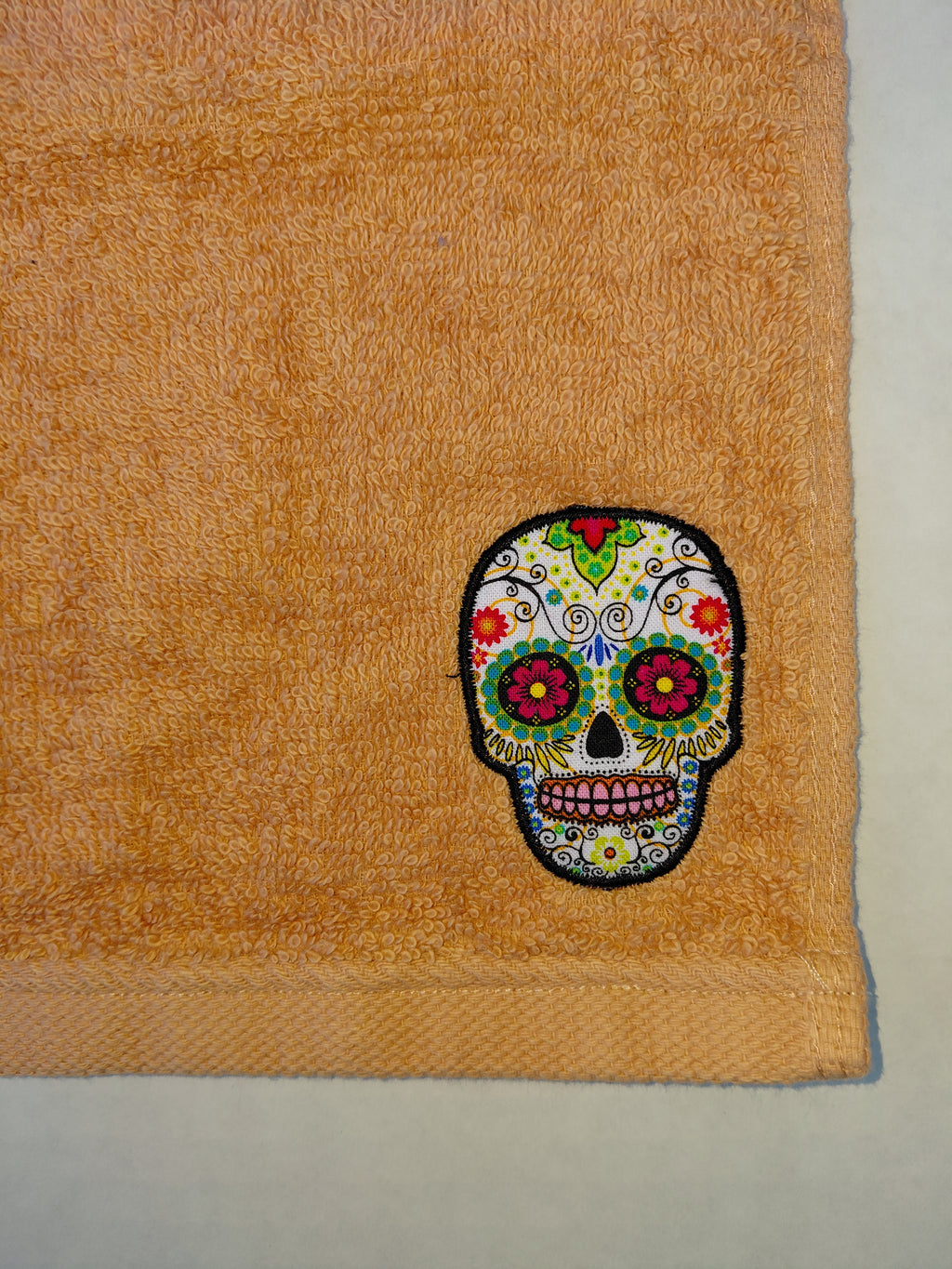 Day of the Dead Skull Washcloth – Handcrafted Burnt Orange Bath Cloth | Unique Gift, Handmade Bath Accessory