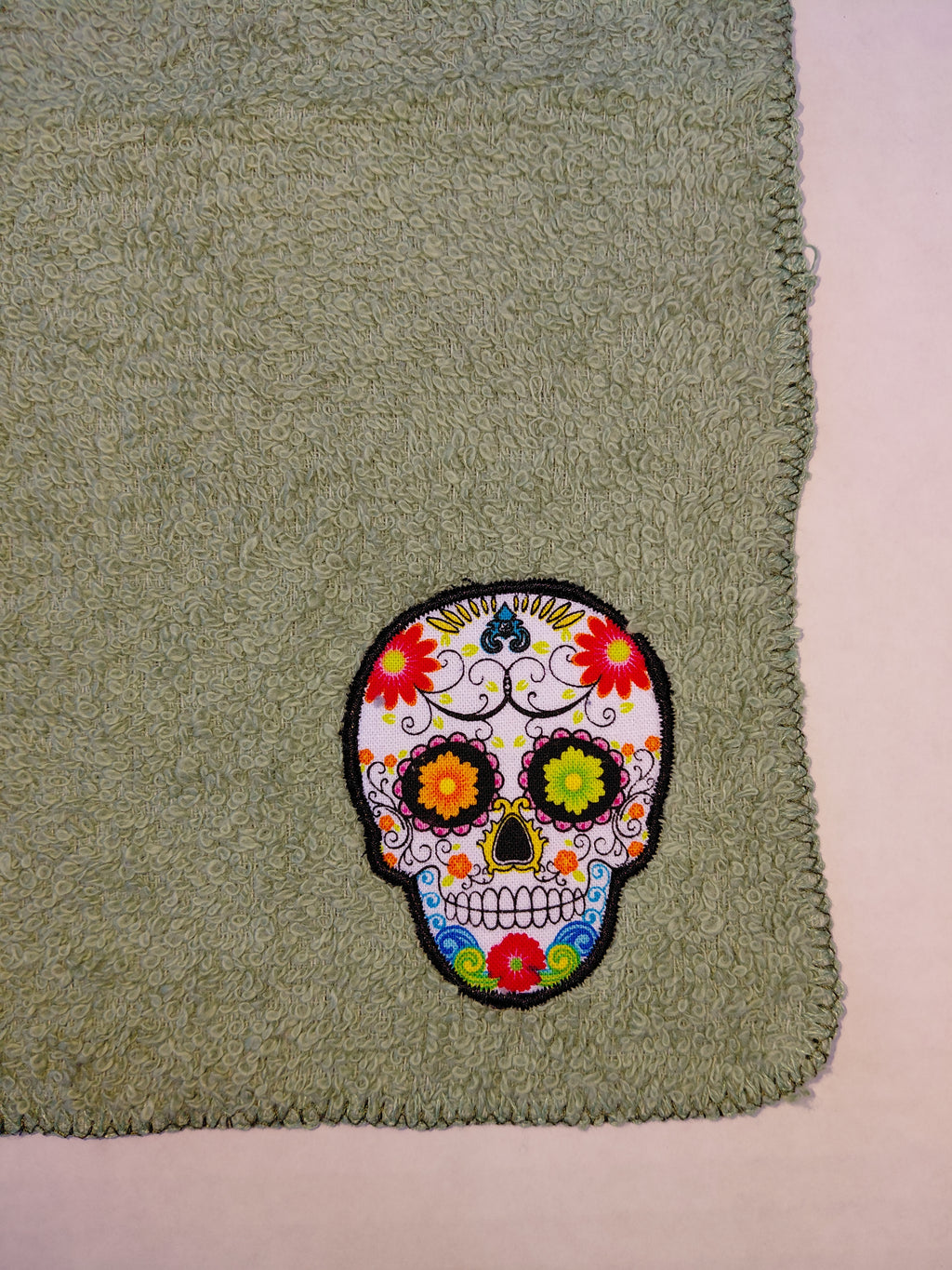 Day of the Dead Skull Washcloth – Handcrafted Sage Green Bath Cloth | Unique Gift, Handmade Bath Accessory