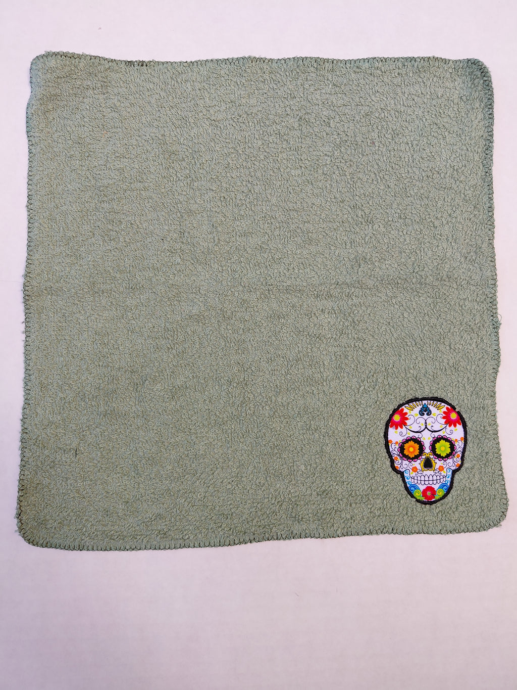 Day of the Dead Skull Washcloth – Handcrafted Sage Green Bath Cloth | Unique Gift, Handmade Bath Accessory